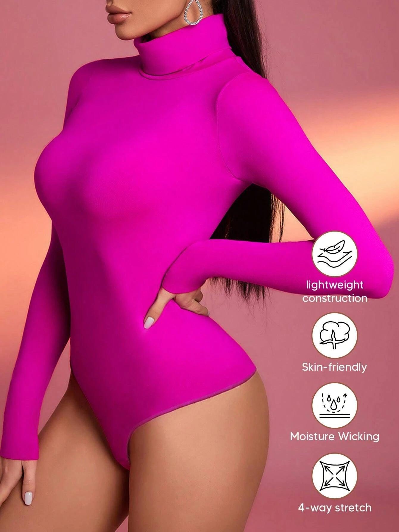Turtle Neck Slim Fit Thong Bodysuit-Comfy Jumpsuits