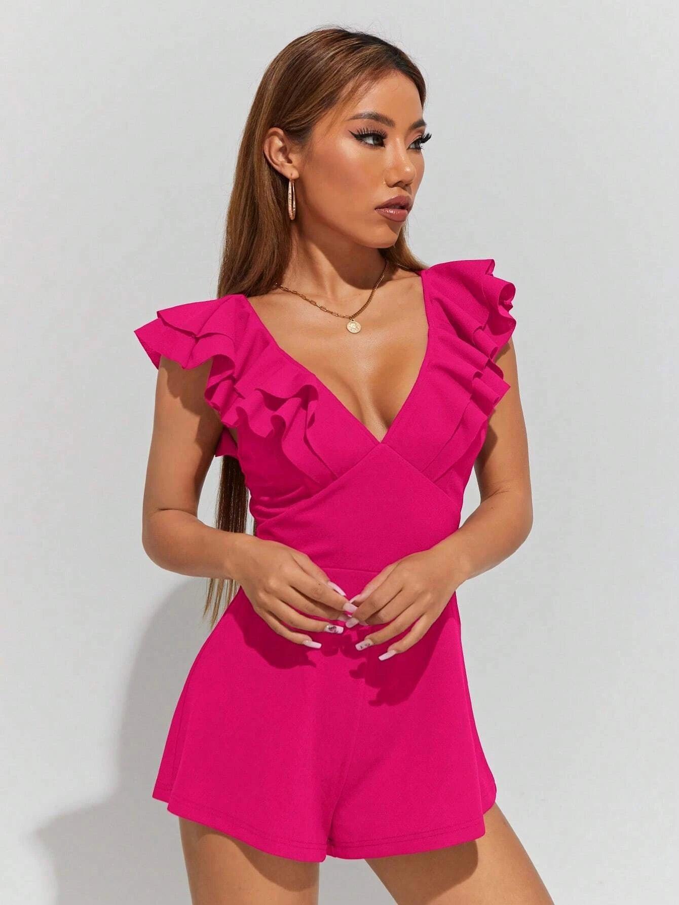 V Neck Ruffle Trim Crisscross Back Romper-Comfy Jumpsuits