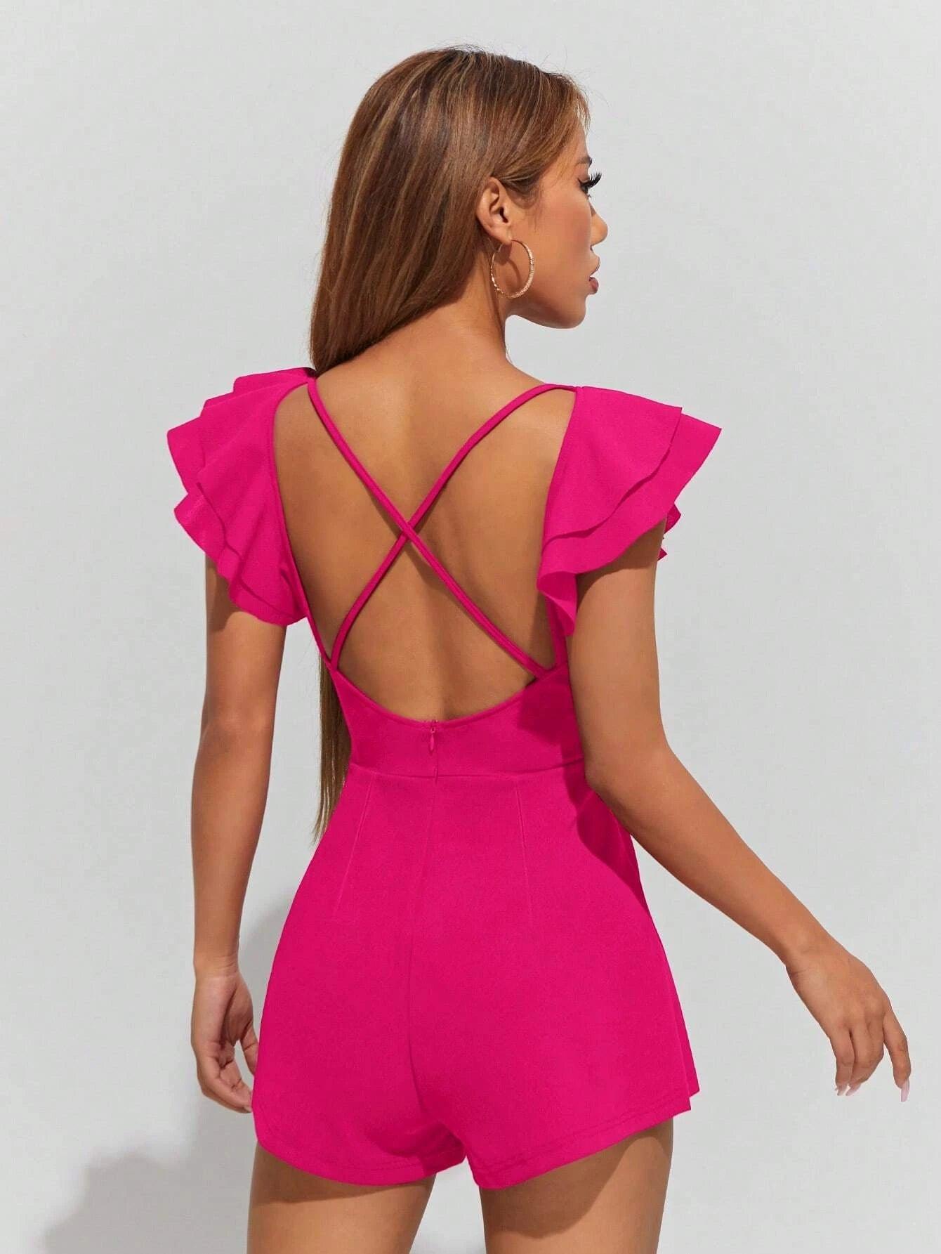 V Neck Ruffle Trim Crisscross Back Romper-Comfy Jumpsuits