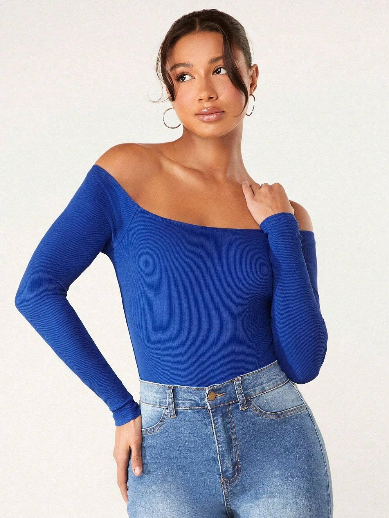 Long Sleeve Off Shoulder Solid Bodysuit-Comfy Jumpsuits