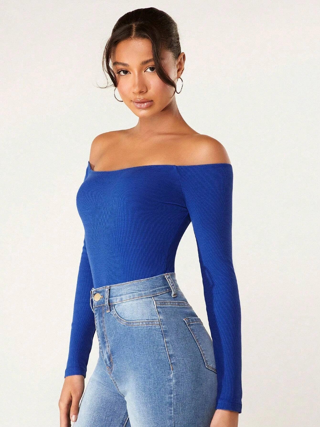 Long Sleeve Off Shoulder Solid Bodysuit-Comfy Jumpsuits