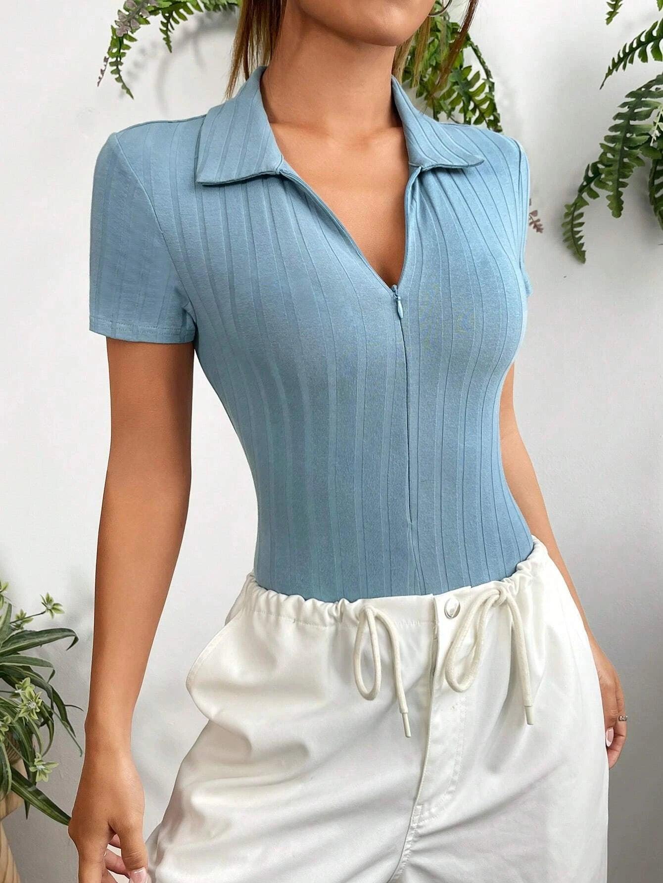 Zipper Ribbed Knit Bodysuit-Comfy Jumpsuits