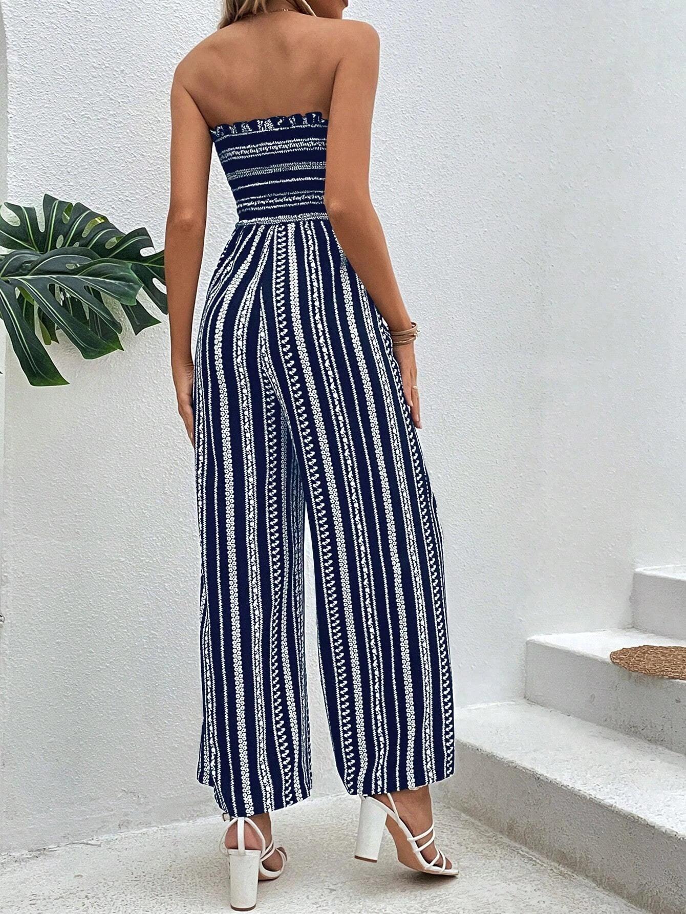 Striped Pattern Shirred Tube Jumpsuit-Comfy Jumpsuits