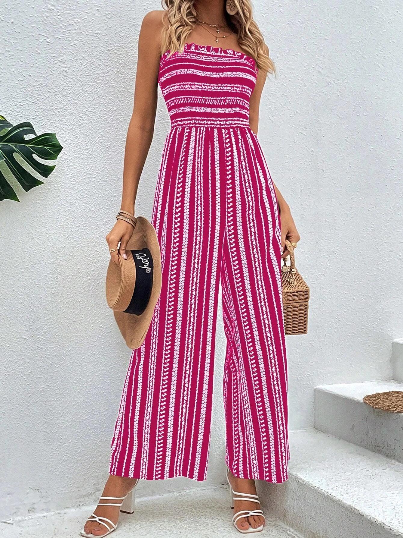 Striped Pattern Shirred Tube Jumpsuit-Comfy Jumpsuits