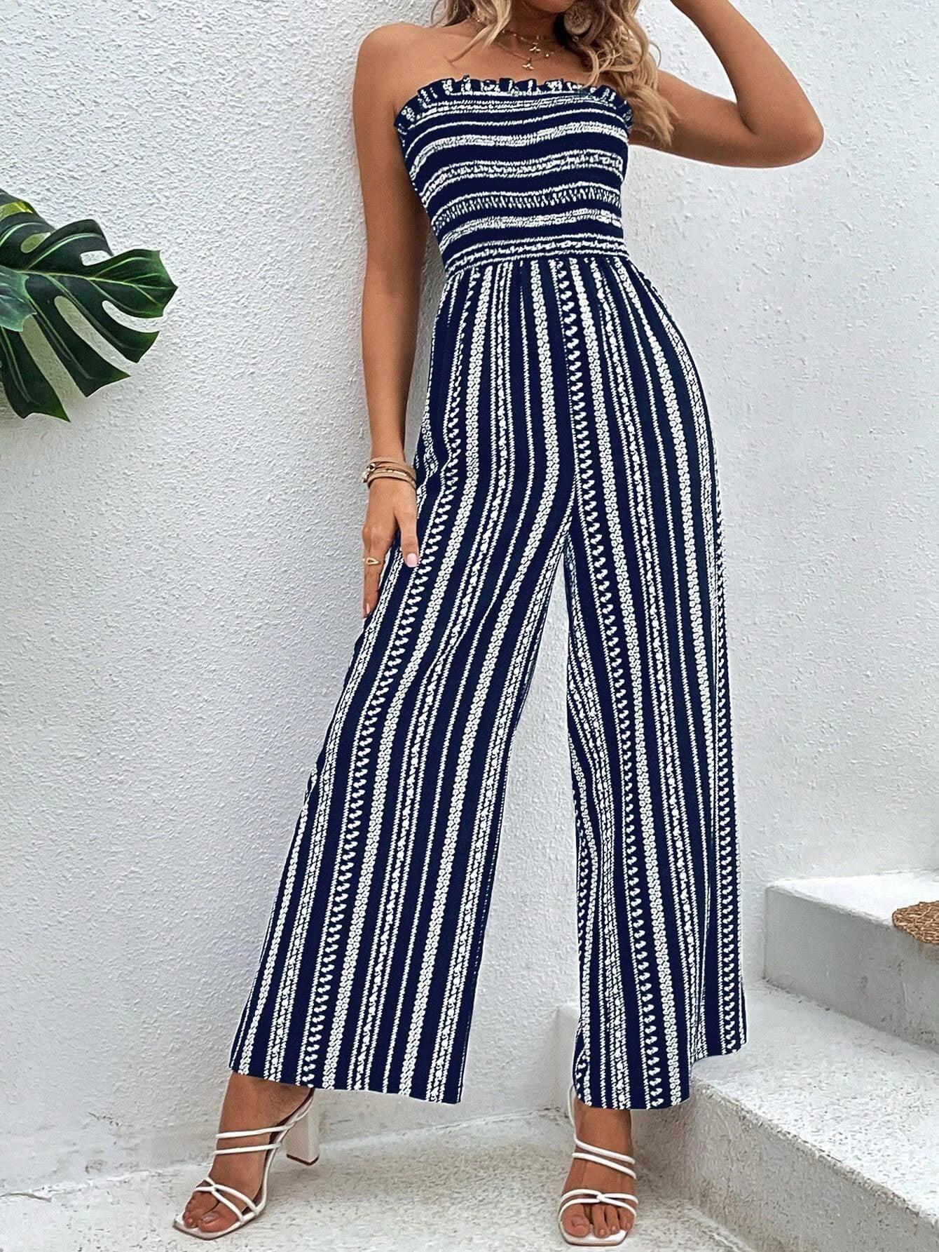 Striped Pattern Shirred Tube Jumpsuit-Comfy Jumpsuits