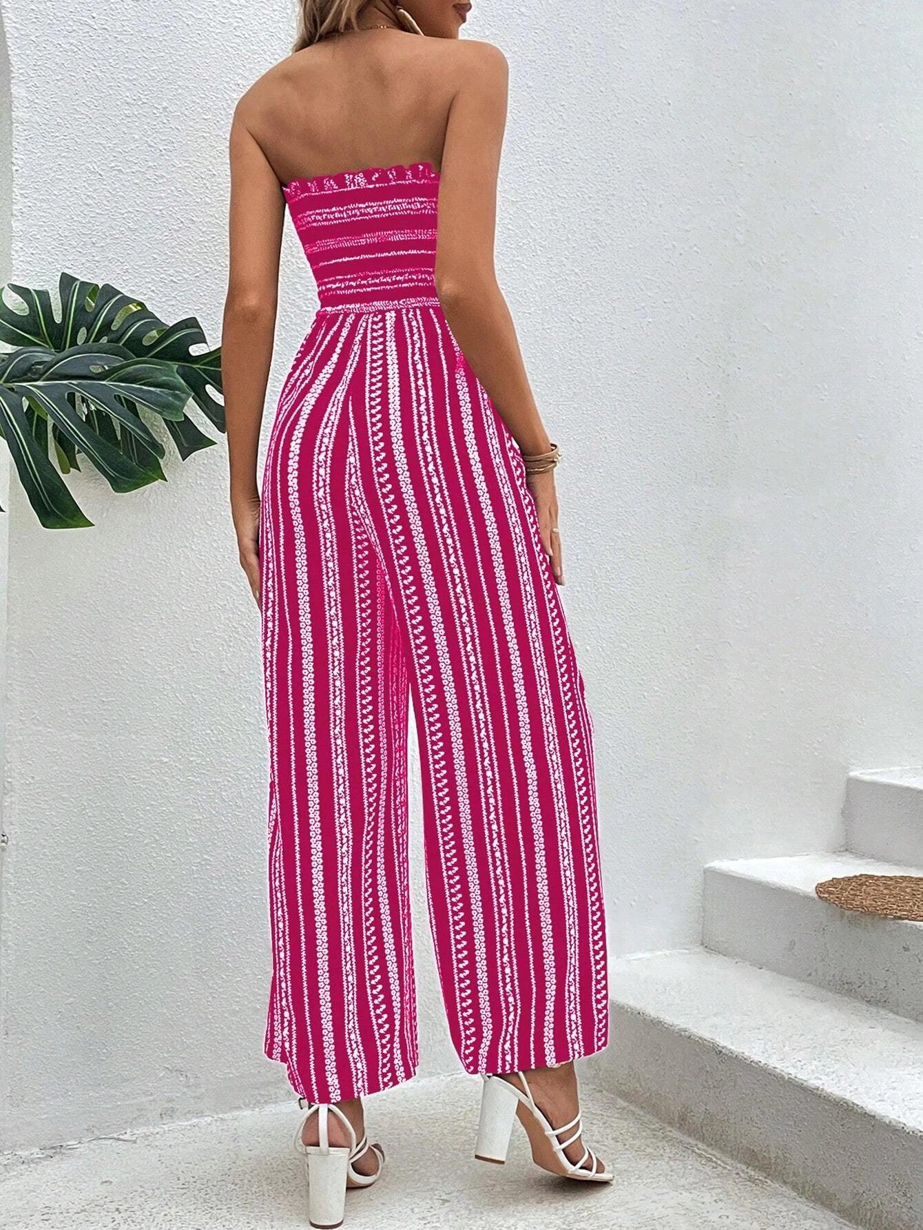 Striped Pattern Shirred Tube Jumpsuit-Comfy Jumpsuits