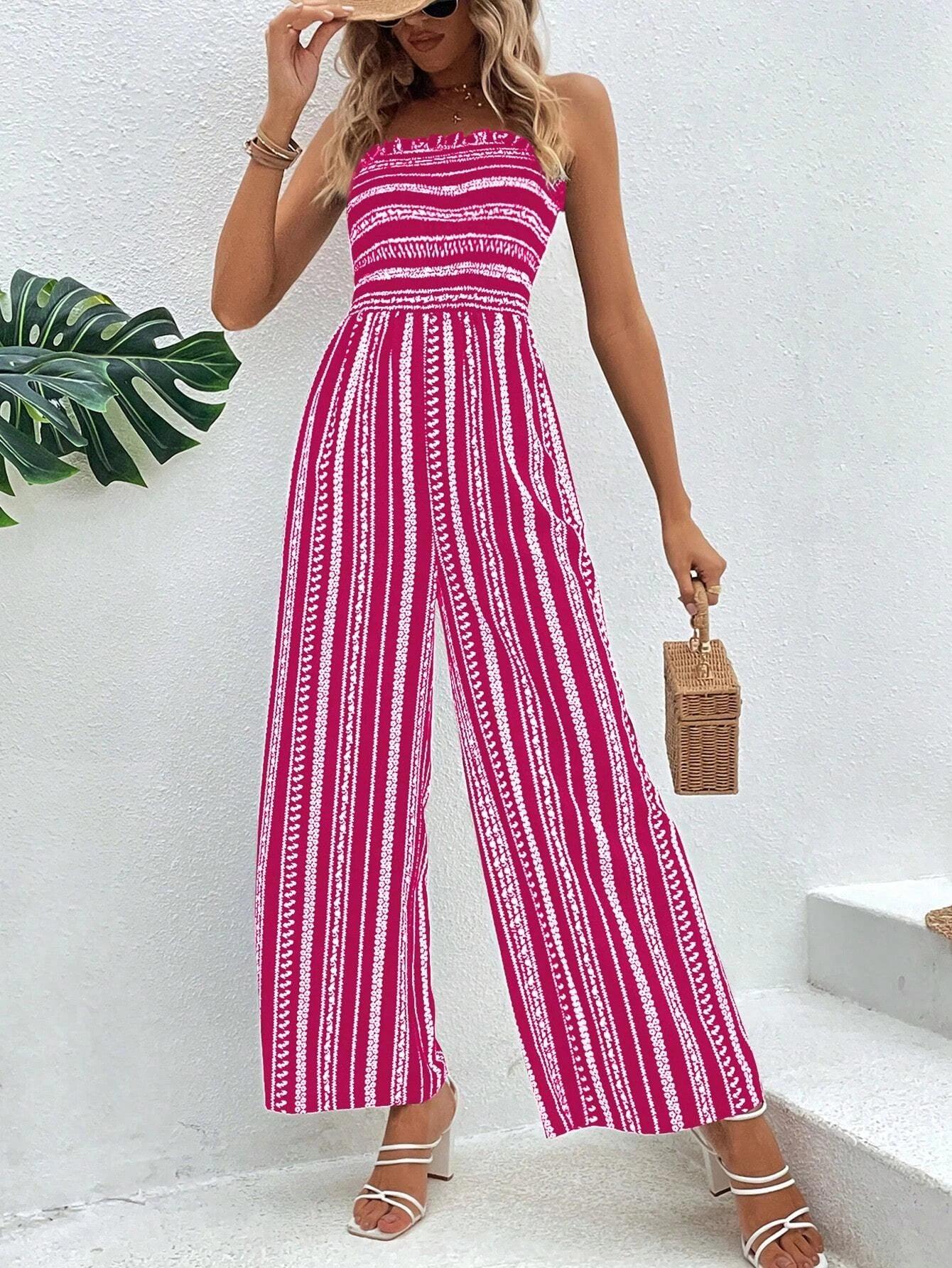 Striped Pattern Shirred Tube Jumpsuit-Comfy Jumpsuits