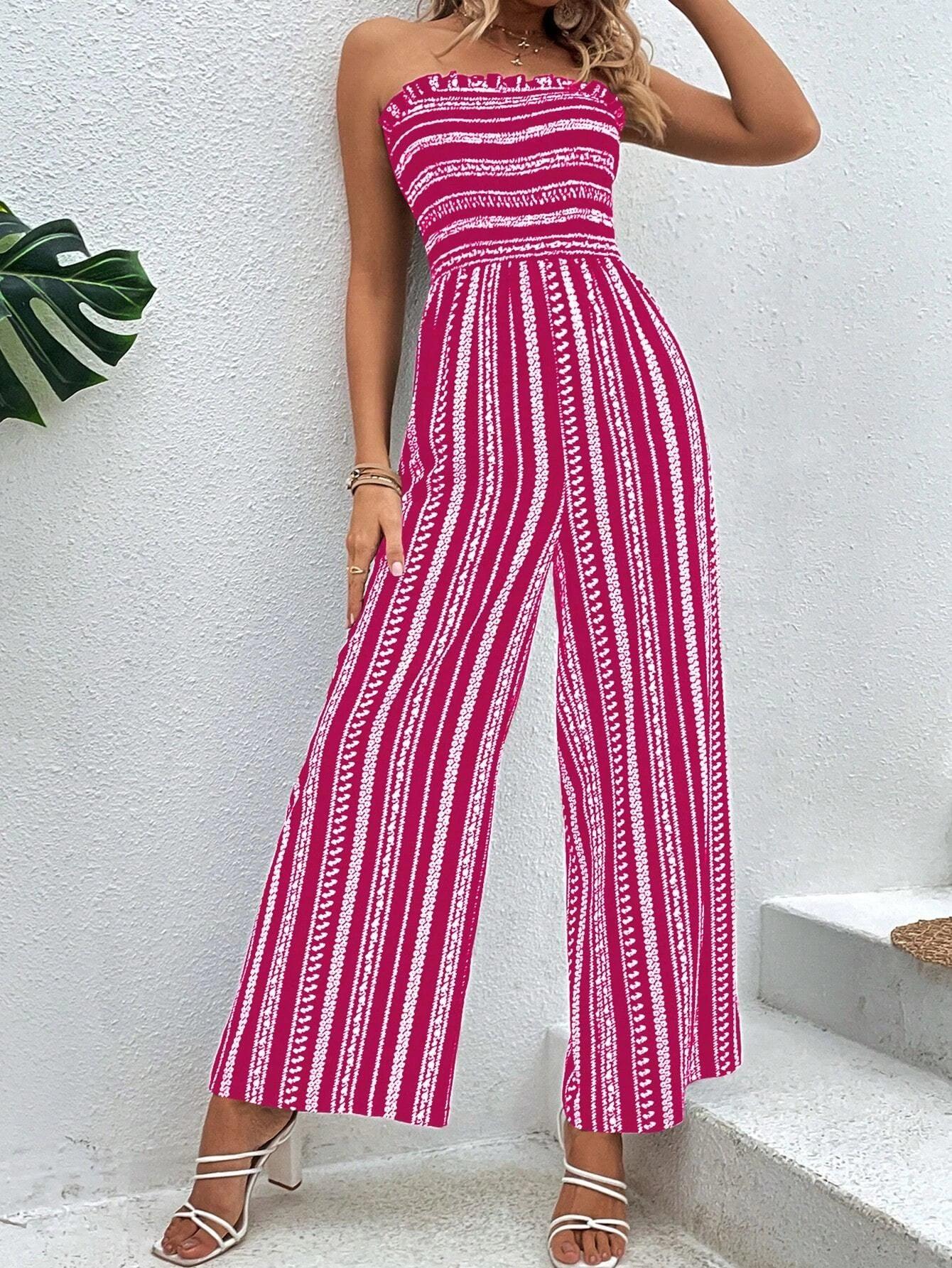 Striped Pattern Shirred Tube Jumpsuit-Comfy Jumpsuits