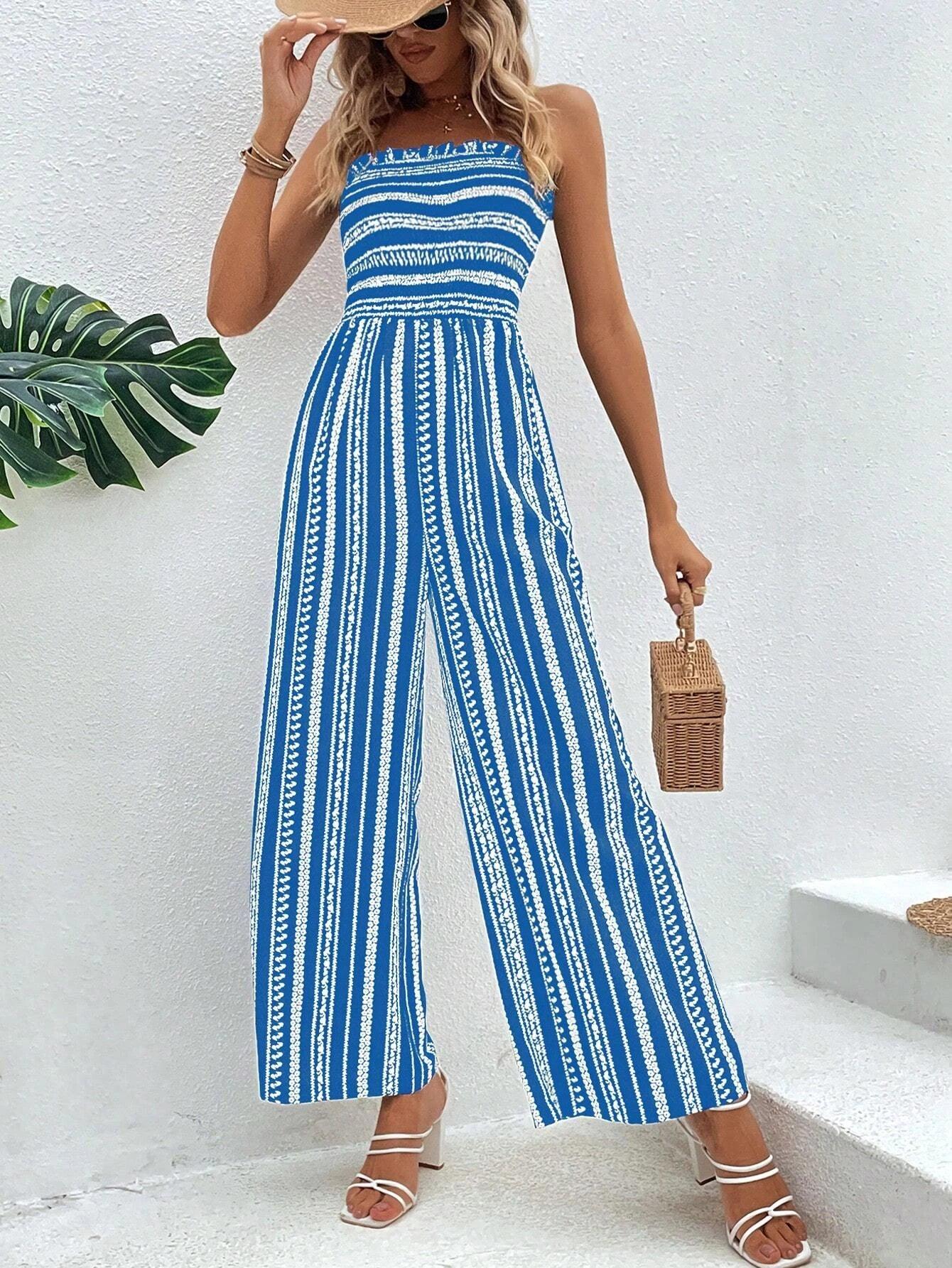 Striped Pattern Shirred Tube Jumpsuit-Comfy Jumpsuits