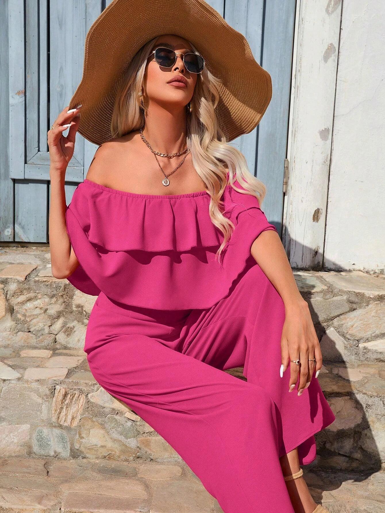 Off Shoulder Ruffle Trim Wide Leg Jumpsuit-Comfy Jumpsuits