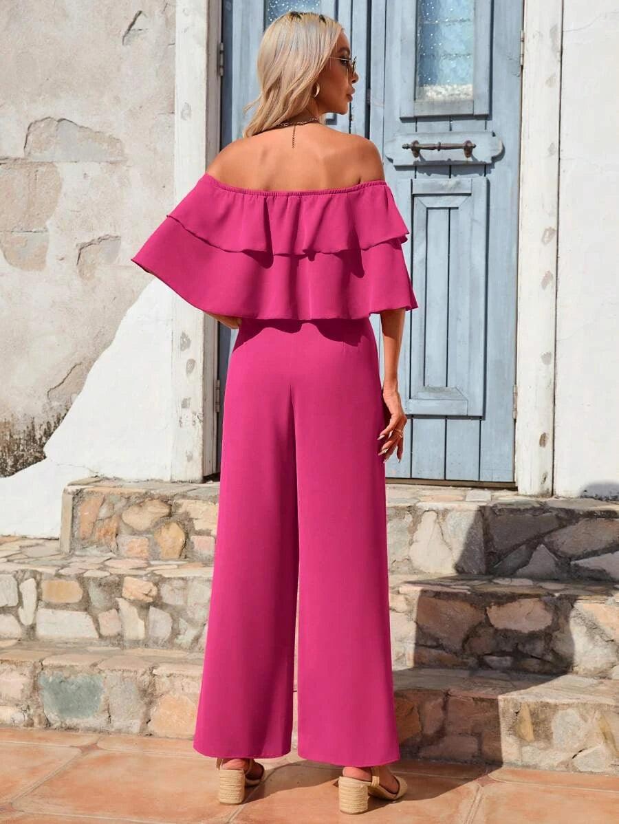 Off Shoulder Ruffle Trim Wide Leg Jumpsuit-Comfy Jumpsuits