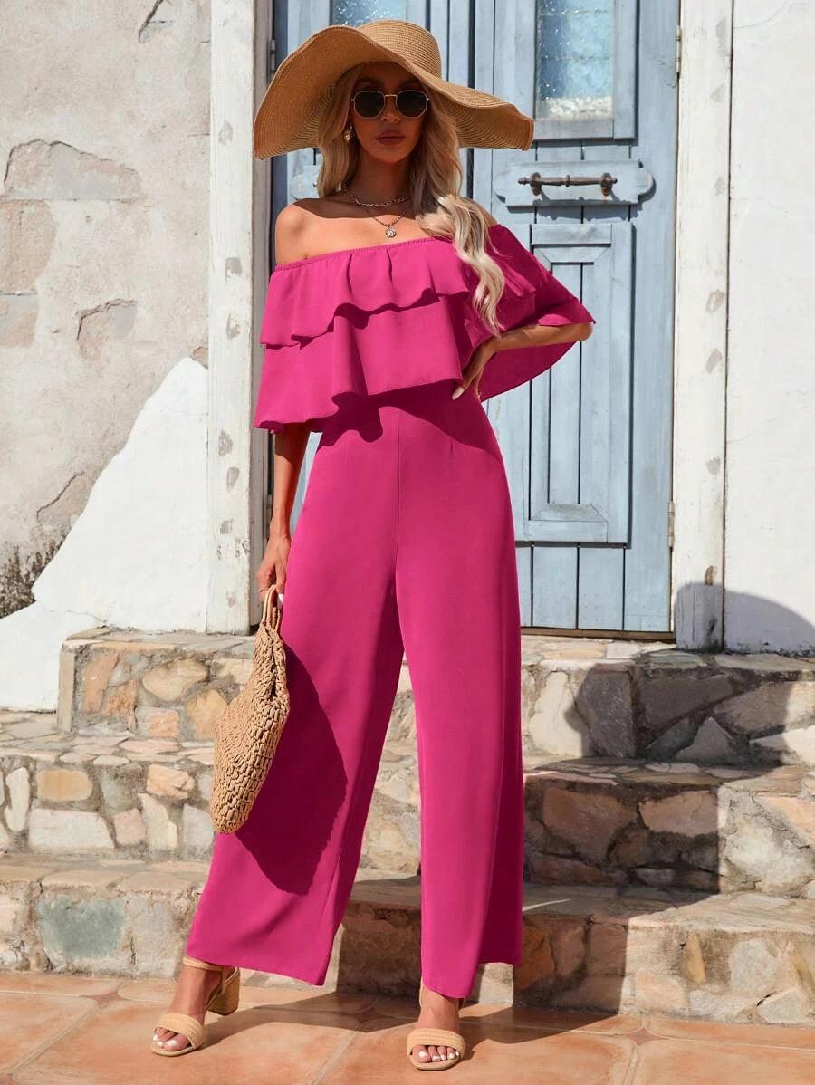 Off Shoulder Ruffle Trim Wide Leg Jumpsuit-Comfy Jumpsuits