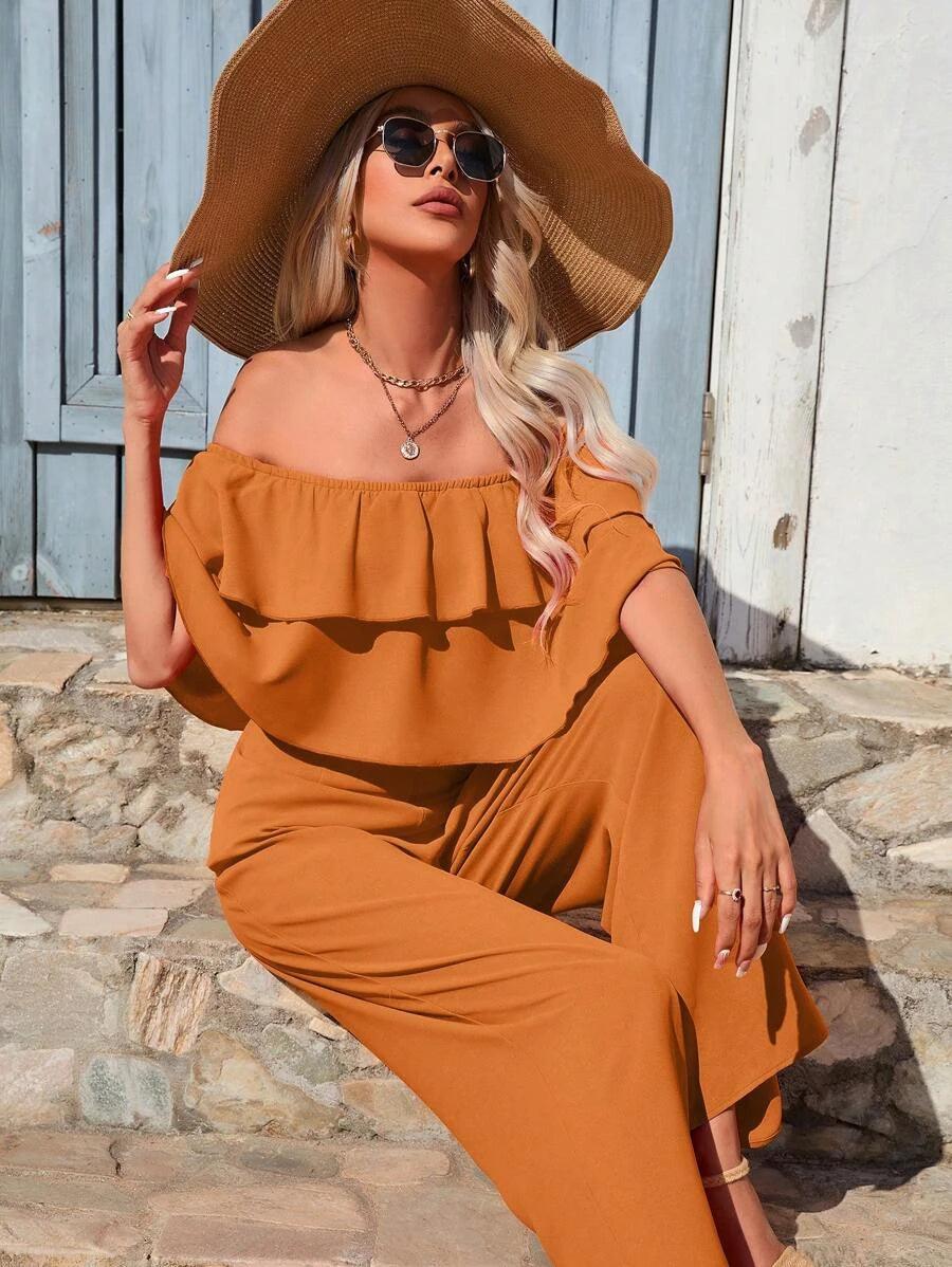 Off Shoulder Ruffle Trim Wide Leg Jumpsuit-Comfy Jumpsuits