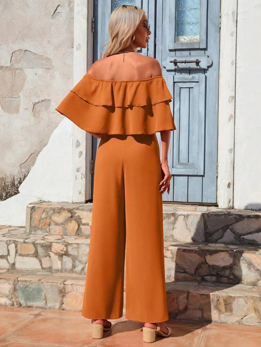 Off Shoulder Ruffle Trim Wide Leg Jumpsuit-Comfy Jumpsuits
