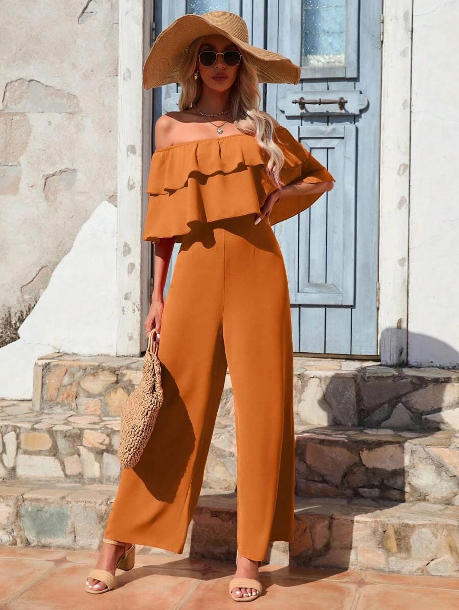 Off Shoulder Ruffle Trim Wide Leg Jumpsuit-Comfy Jumpsuits