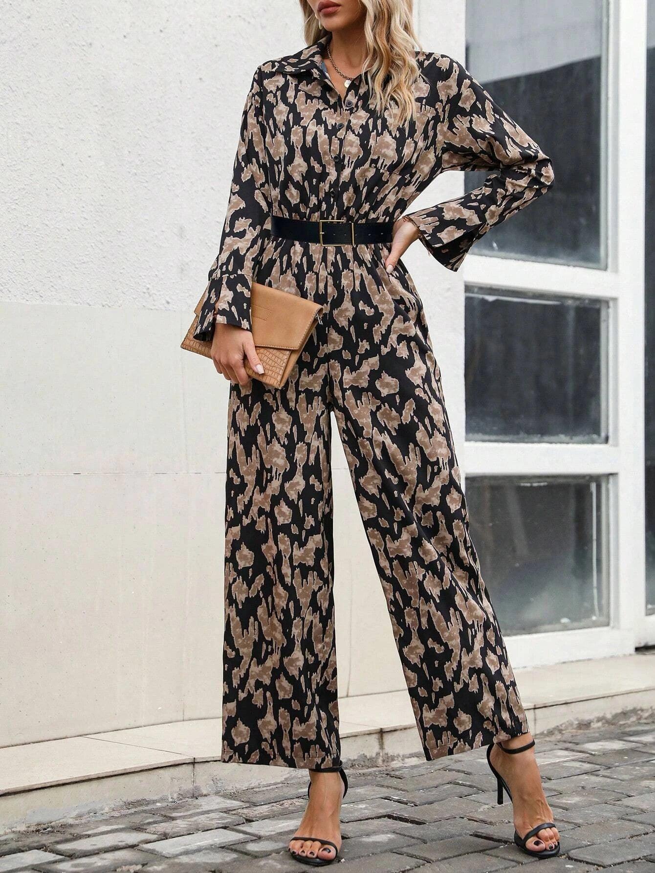 Allover Print Drop Shoulder Patched Pocket Jumpsuit-Comfy Jumpsuits