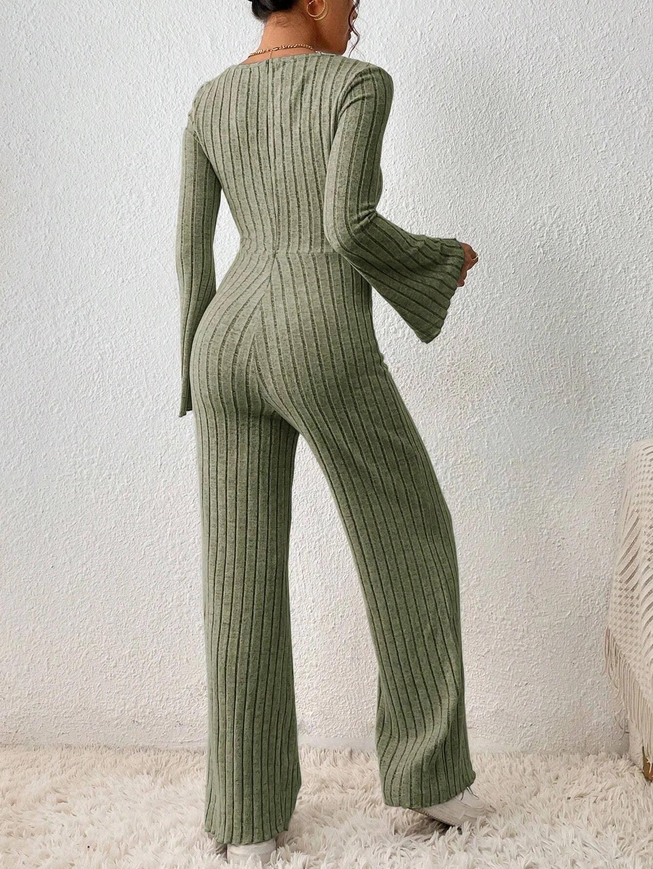 Square Neck Flounce Sleeve Knot Front Jumpsuit