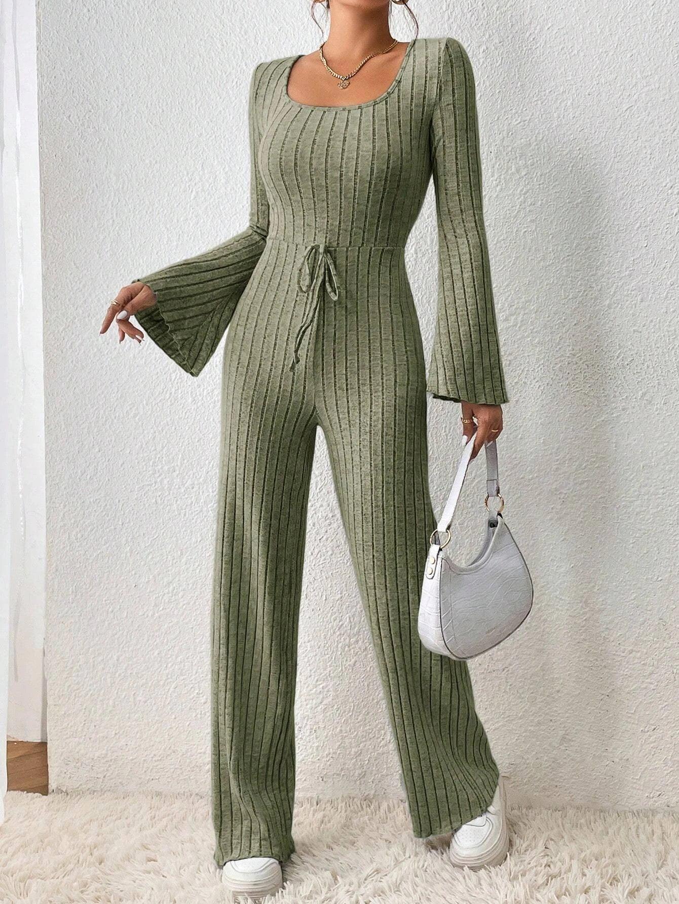 Square Neck Flounce Sleeve Knot Front Jumpsuit