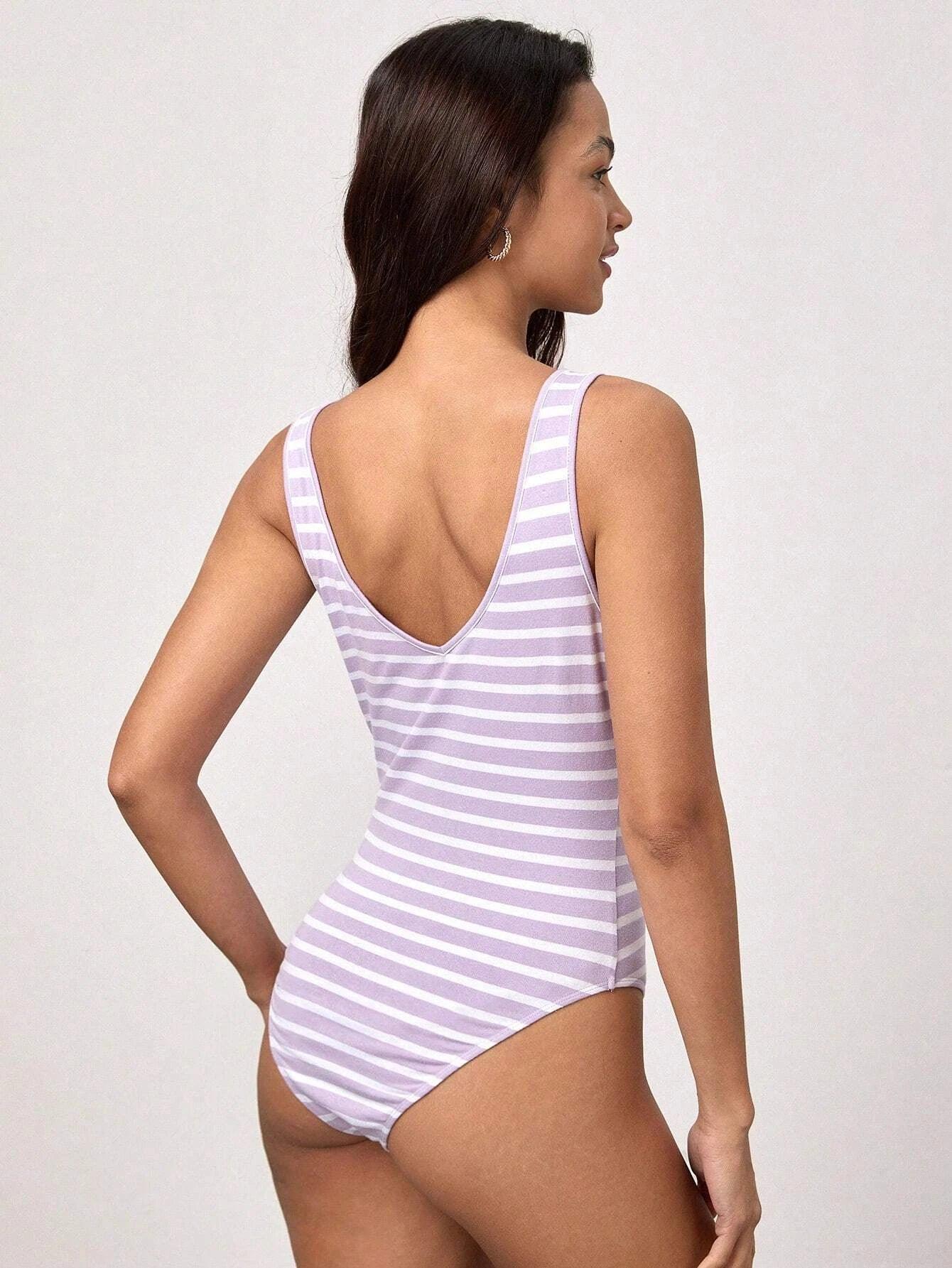 Striped Print Tank Bodysuit-Comfy Jumpsuits