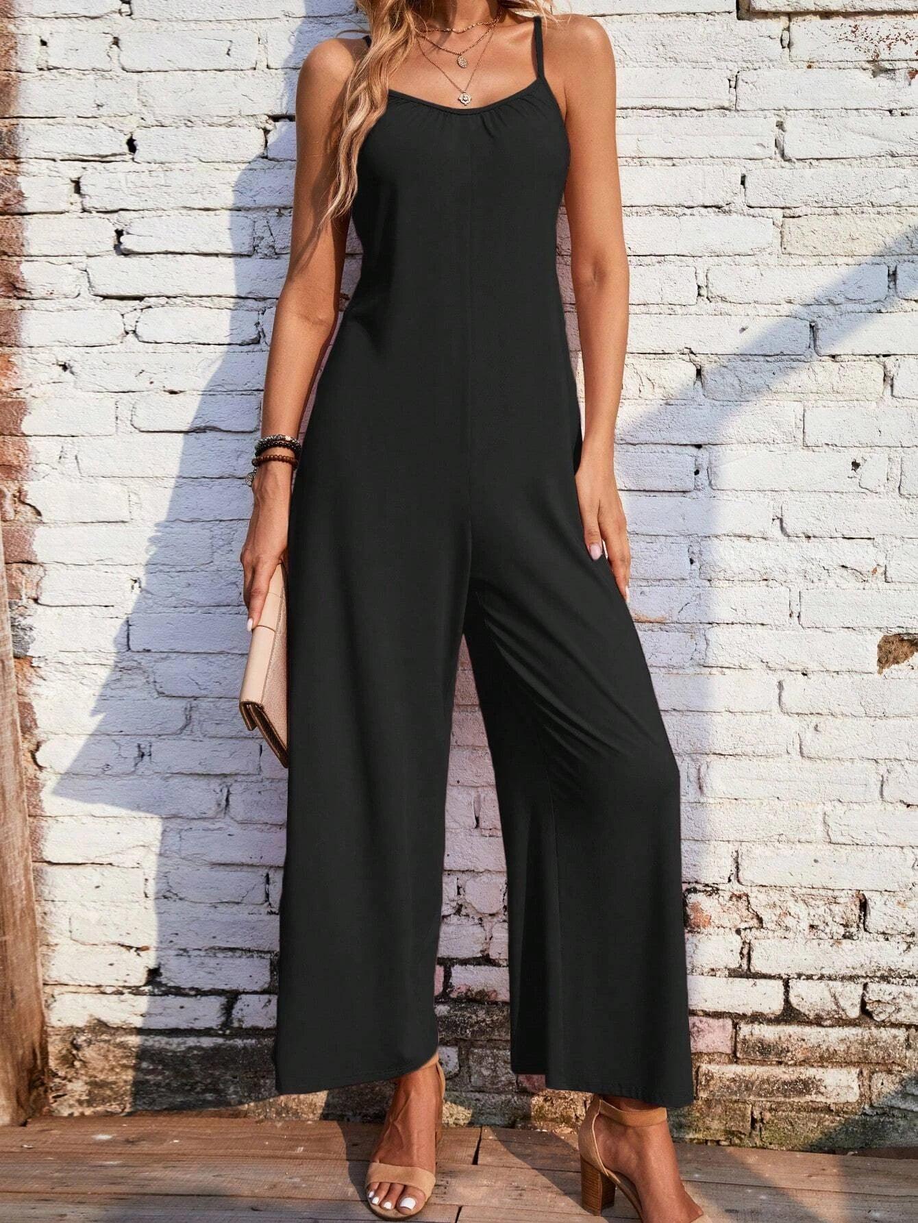 Solid Colored Wide Leg Cami Jumpsuit-Comfy Jumpsuits