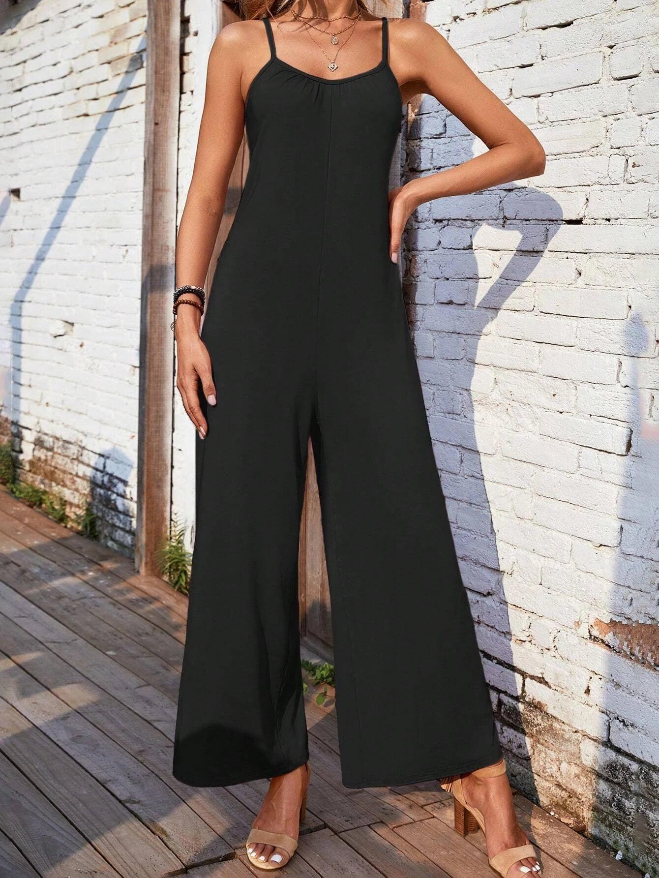 Solid Colored Wide Leg Cami Jumpsuit-Comfy Jumpsuits