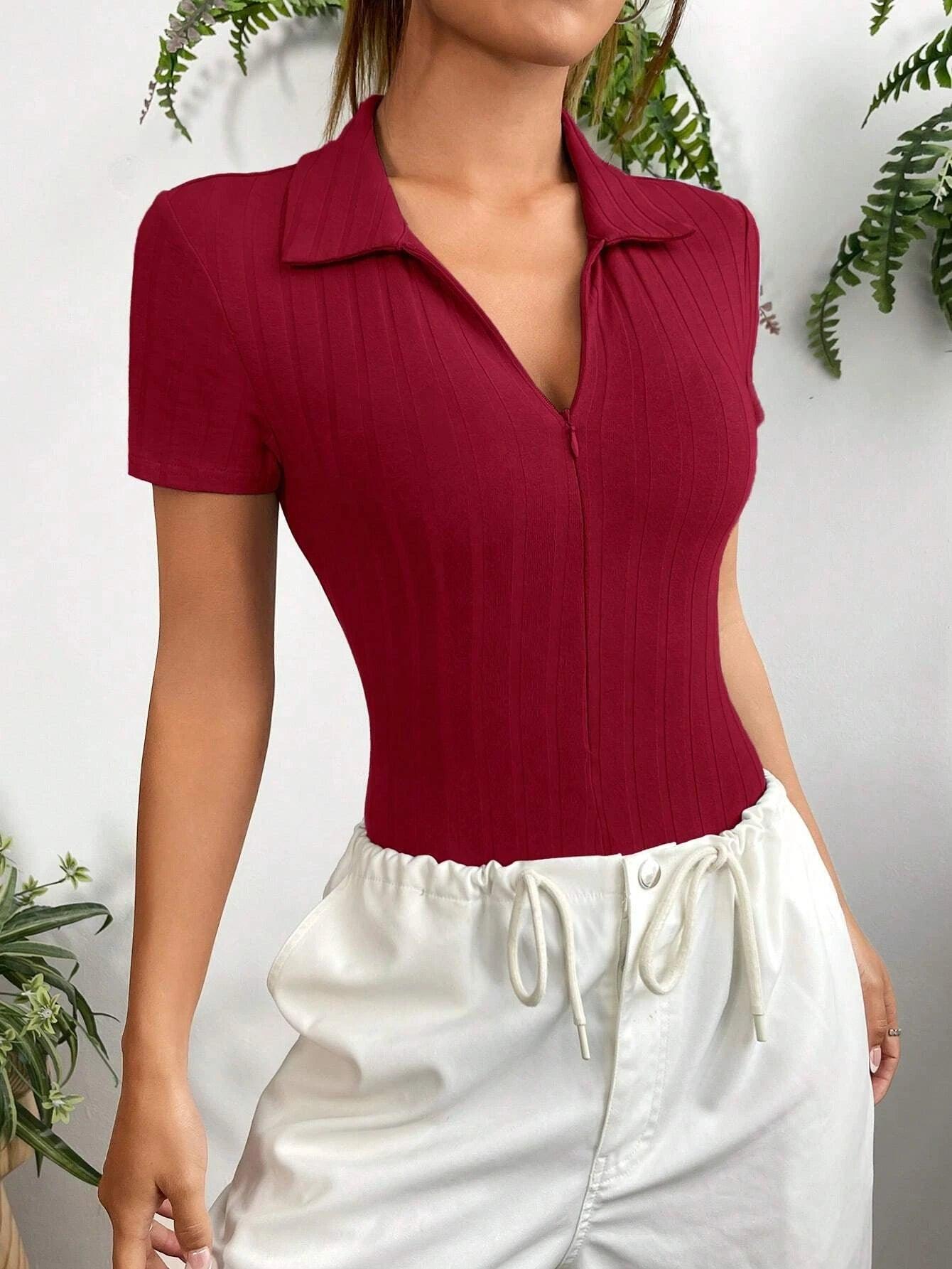 Zipper Ribbed Knit Bodysuit-Comfy Jumpsuits