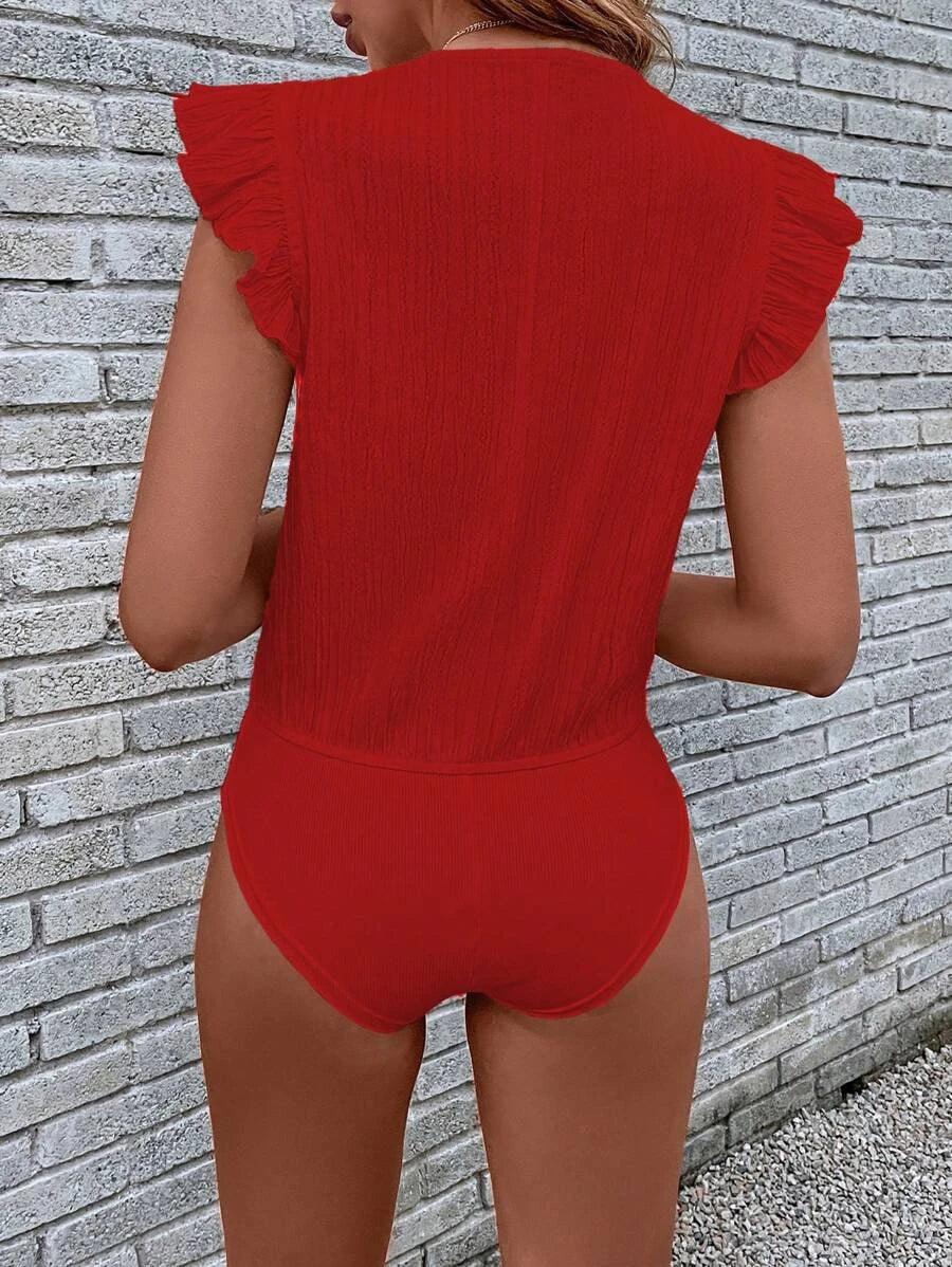 Lace Trim Ruffle Sleeve Bodysuit-Comfy Jumpsuits