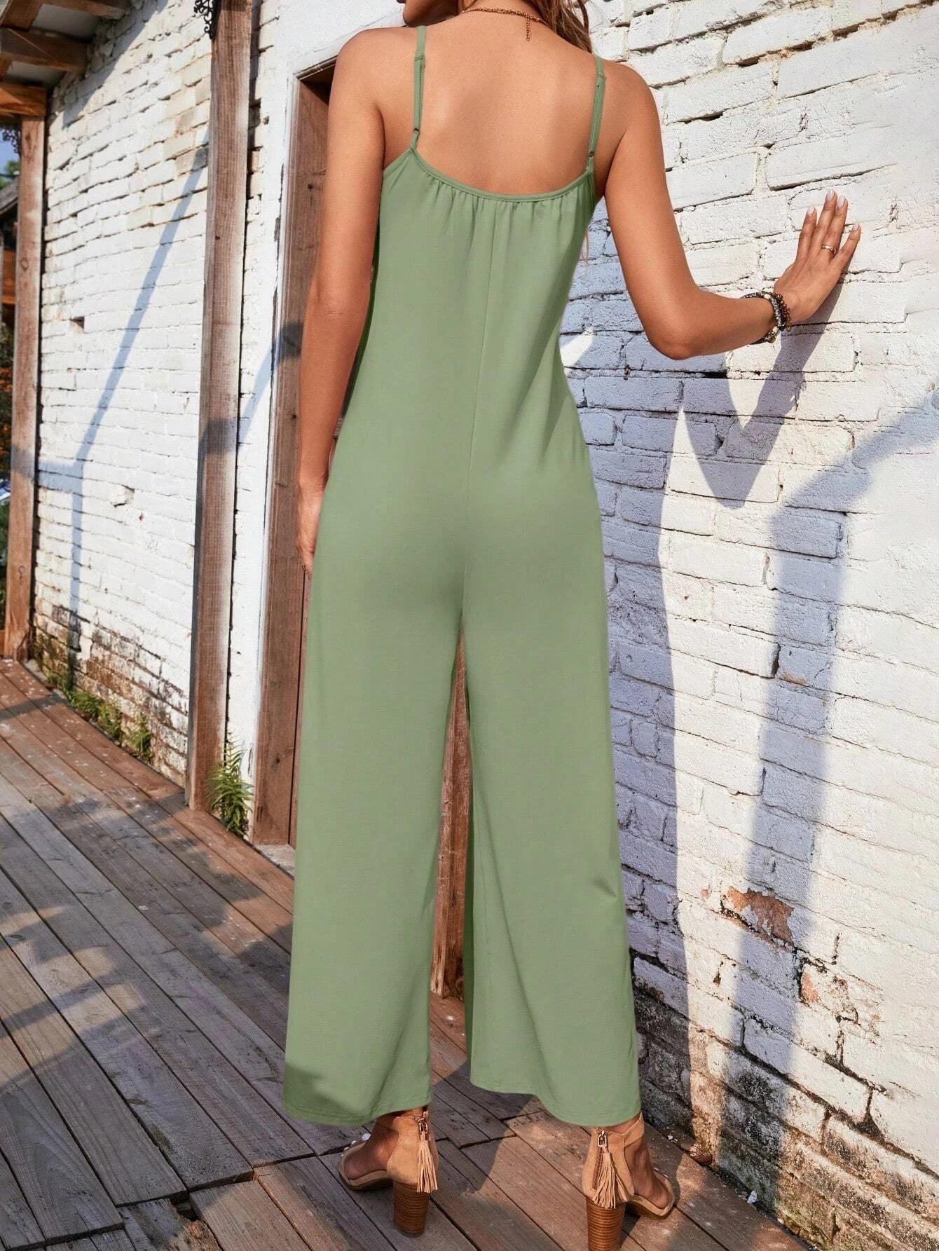 Solid Colored Wide Leg Cami Jumpsuit-Comfy Jumpsuits