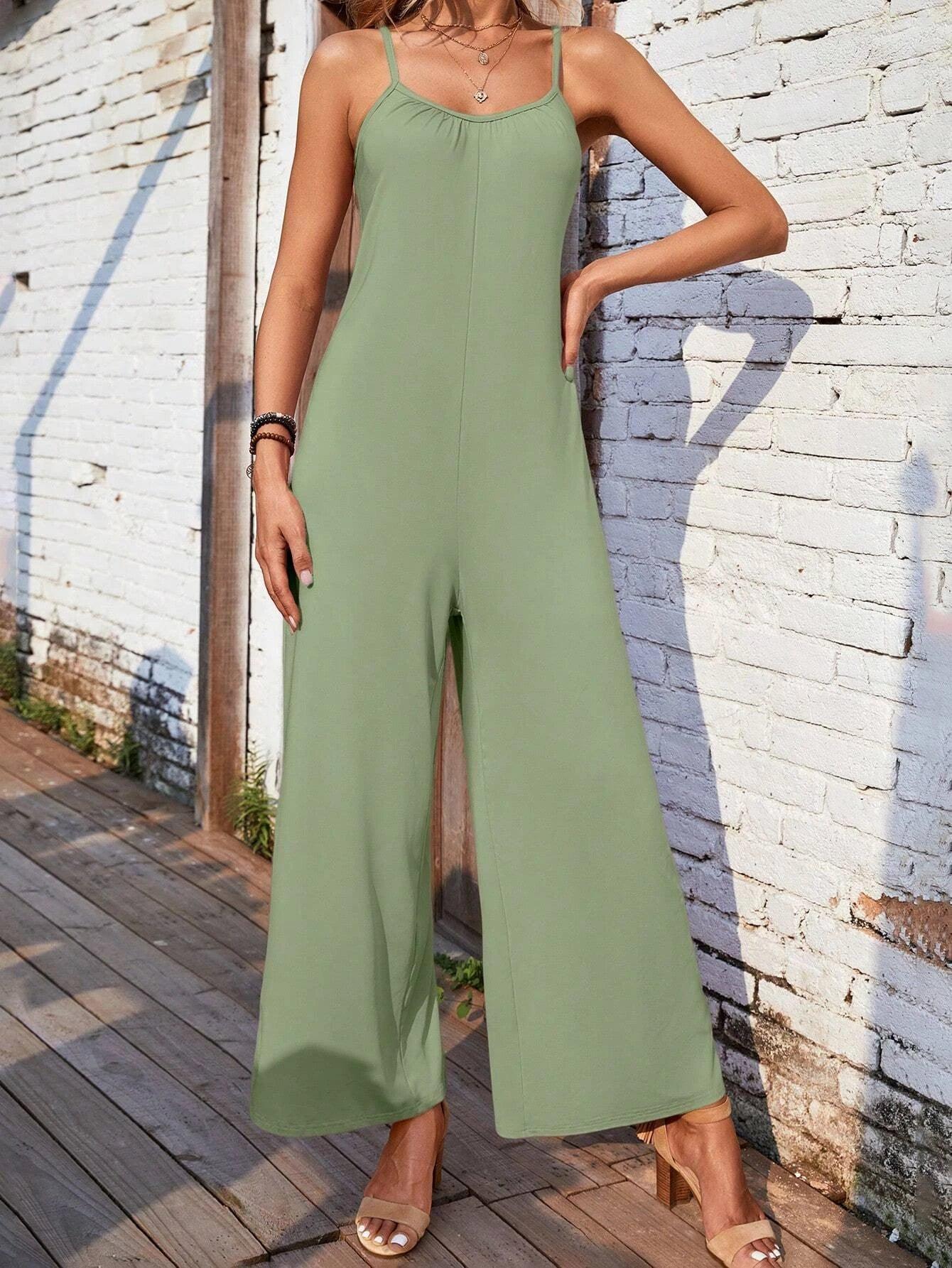 Solid Colored Wide Leg Cami Jumpsuit-Comfy Jumpsuits