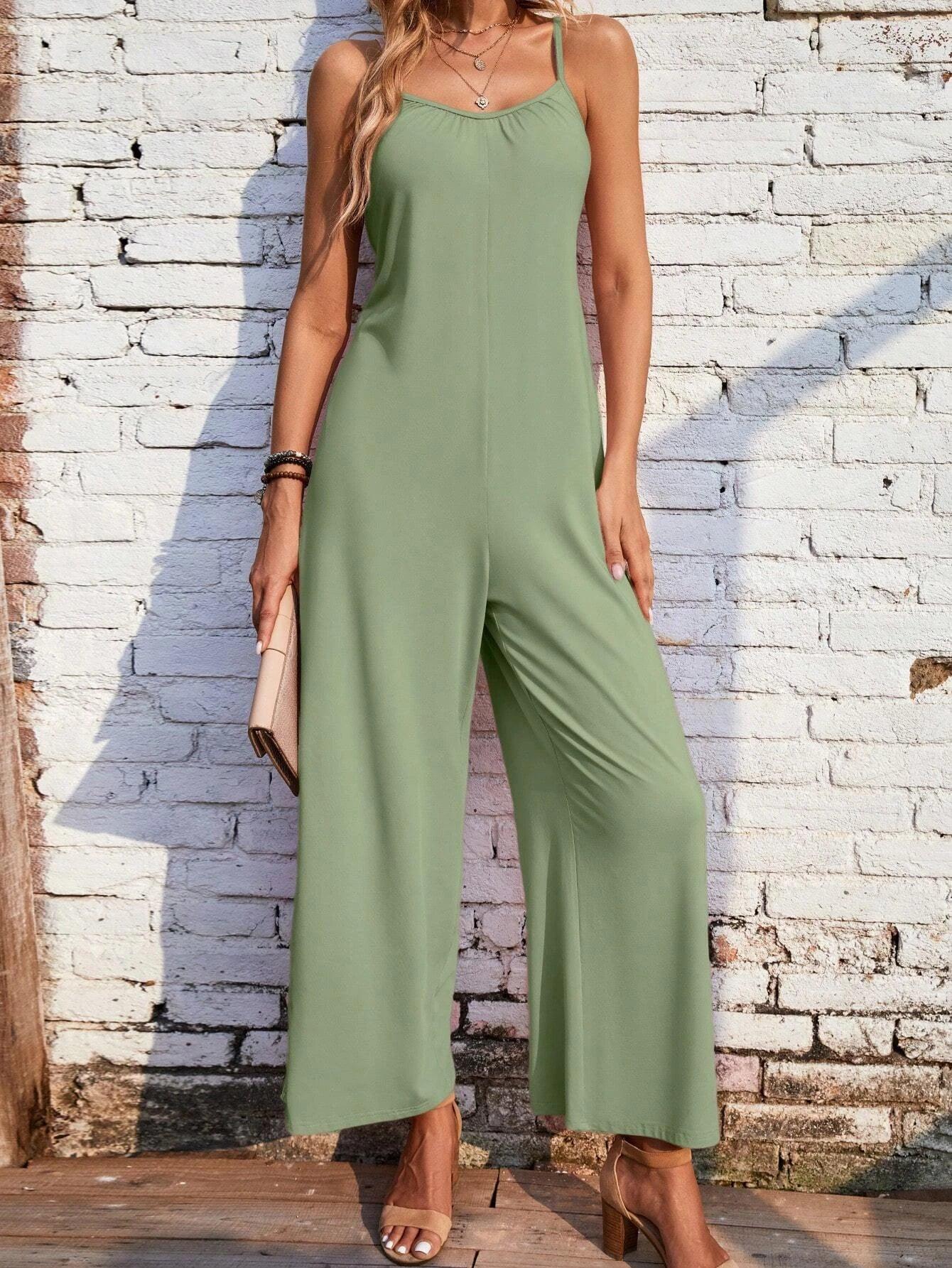 Solid Colored Wide Leg Cami Jumpsuit-Comfy Jumpsuits
