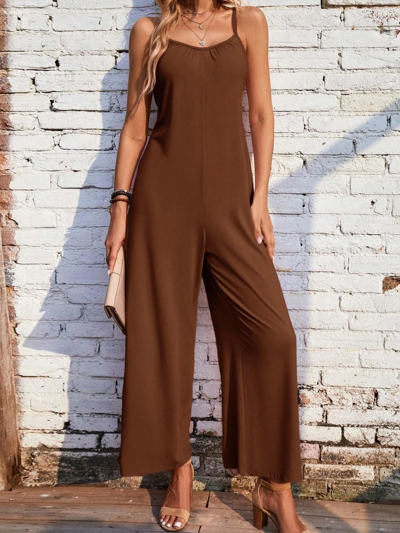 Solid Colored Wide Leg Cami Jumpsuit-Comfy Jumpsuits