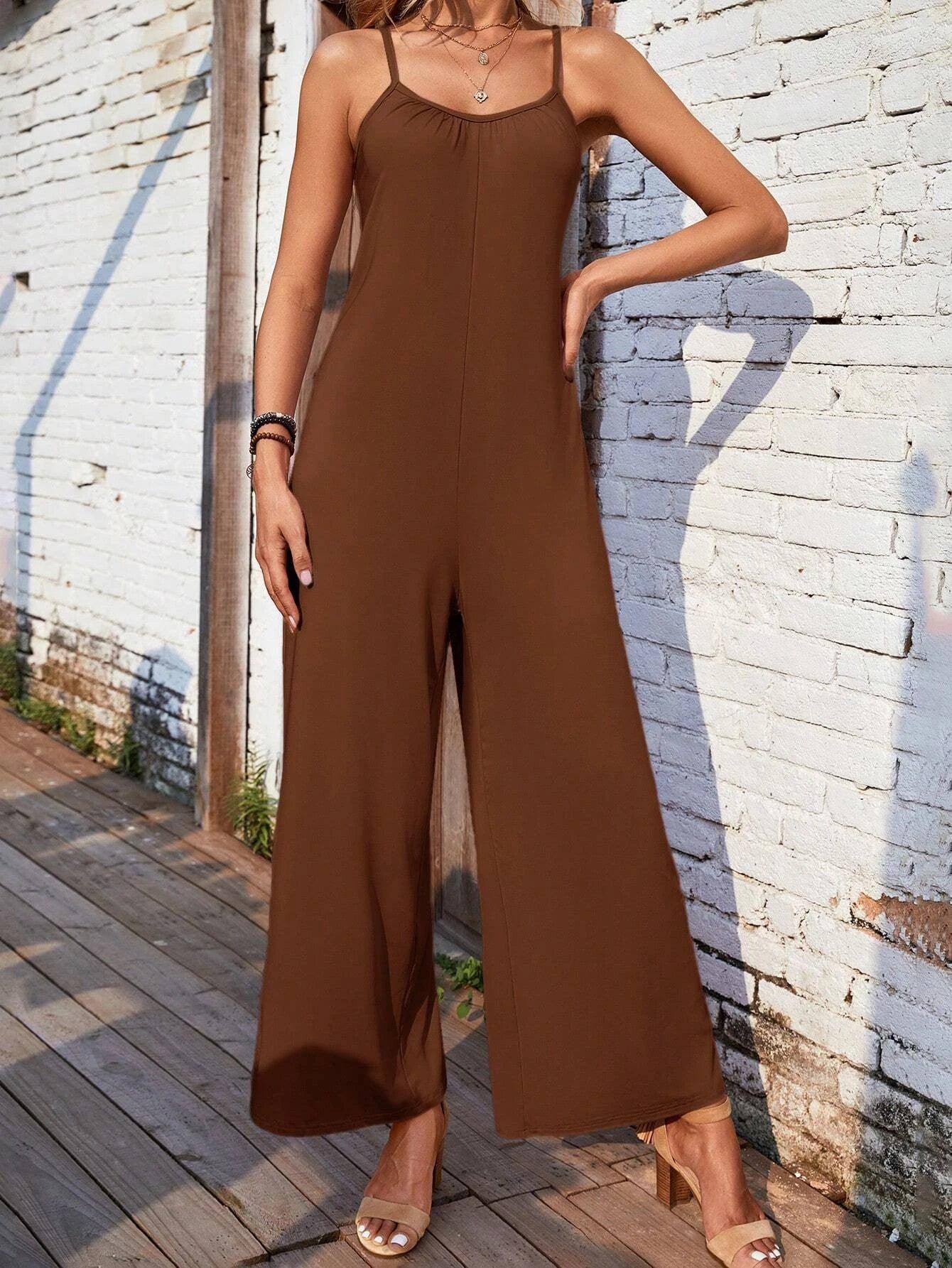 Solid Colored Wide Leg Cami Jumpsuit-Comfy Jumpsuits