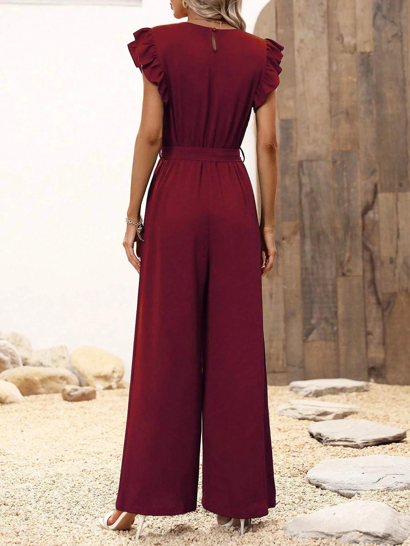 Ruffle Trim Belted Jumpsuit-Comfy Jumpsuits