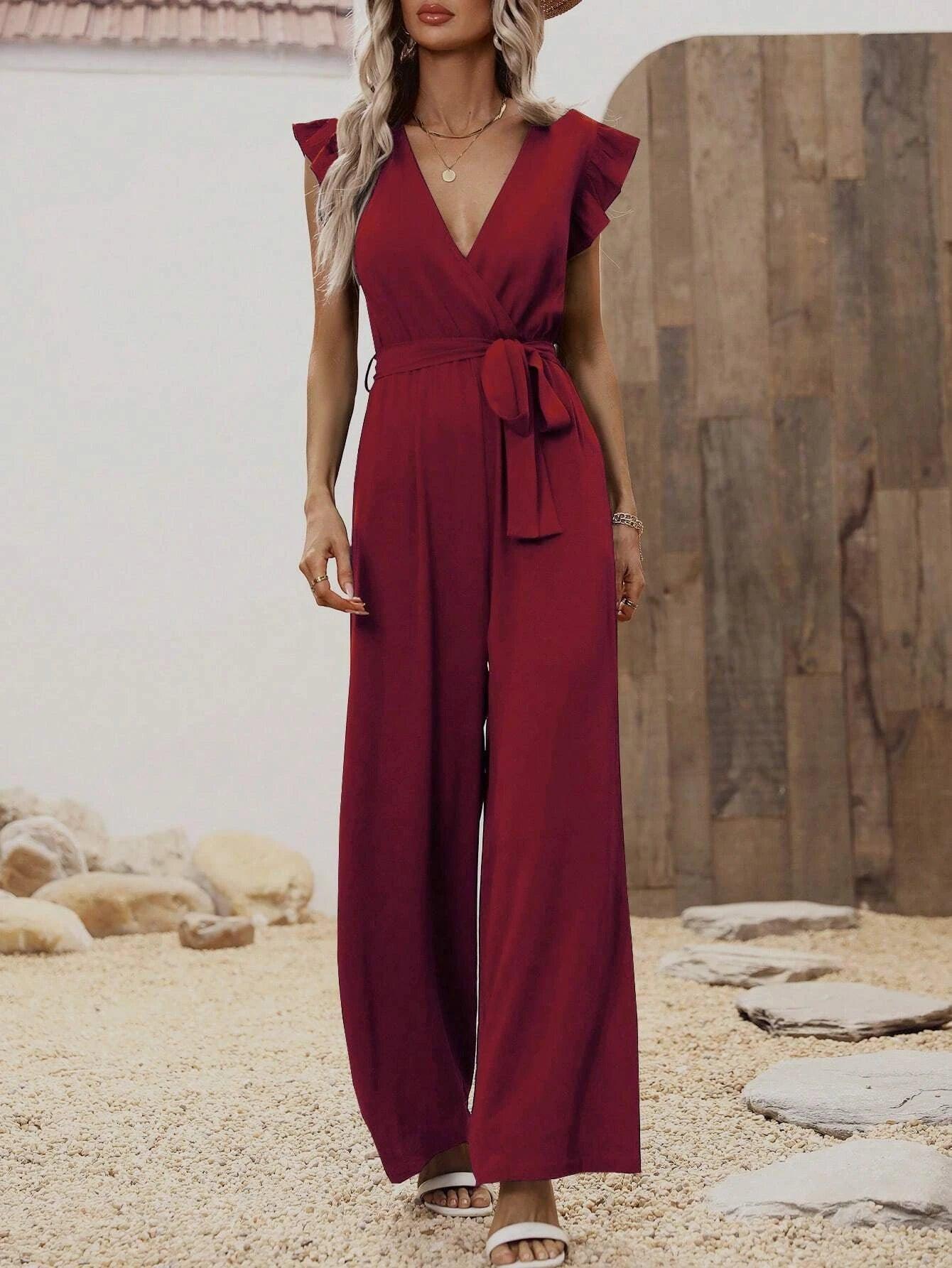 Ruffle Trim Belted Jumpsuit-Comfy Jumpsuits