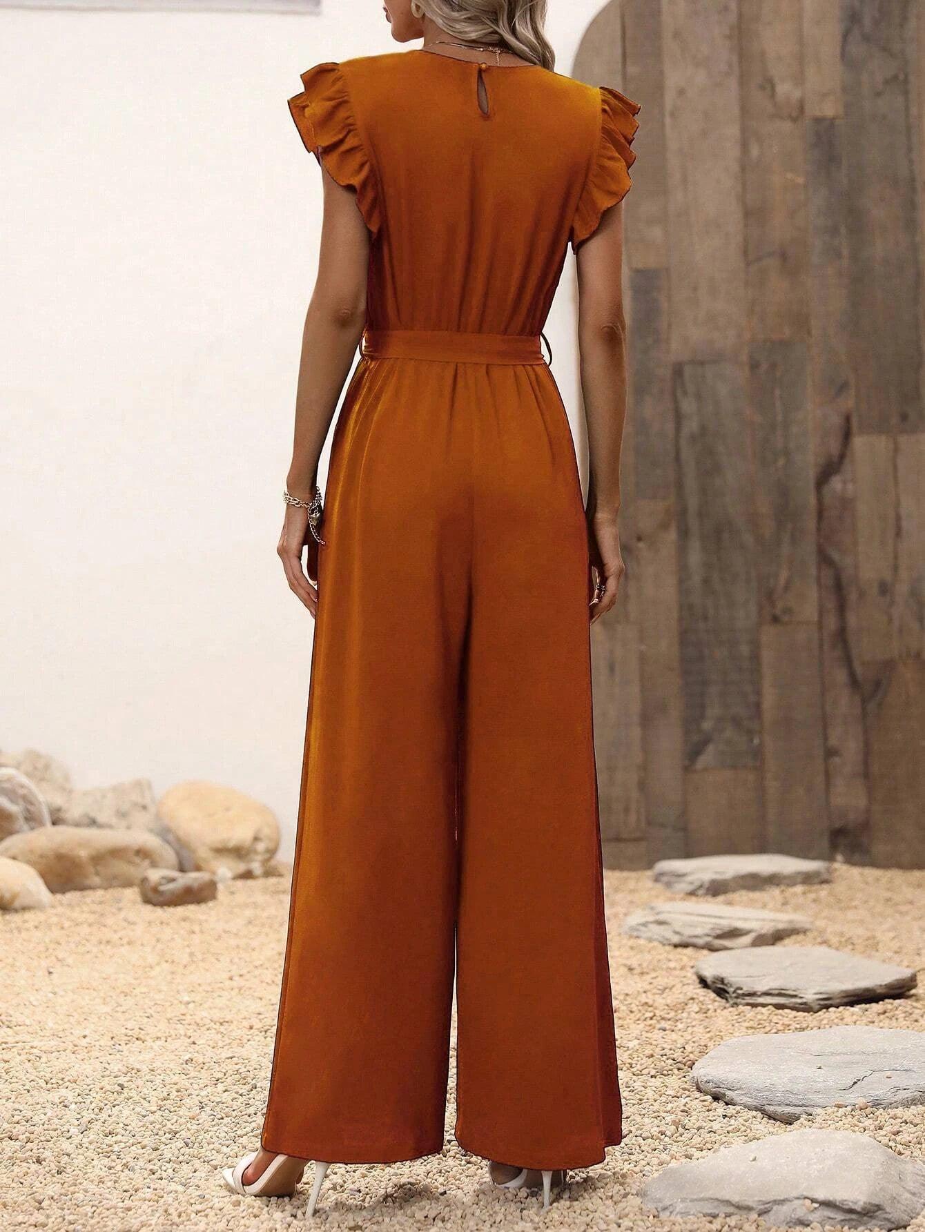 Ruffle Trim Belted Jumpsuit-Comfy Jumpsuits
