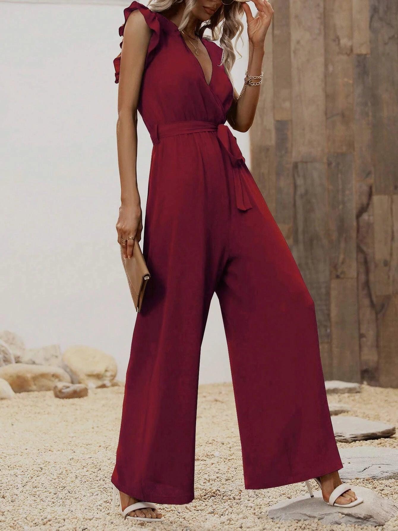 Ruffle Trim Belted Jumpsuit-Comfy Jumpsuits