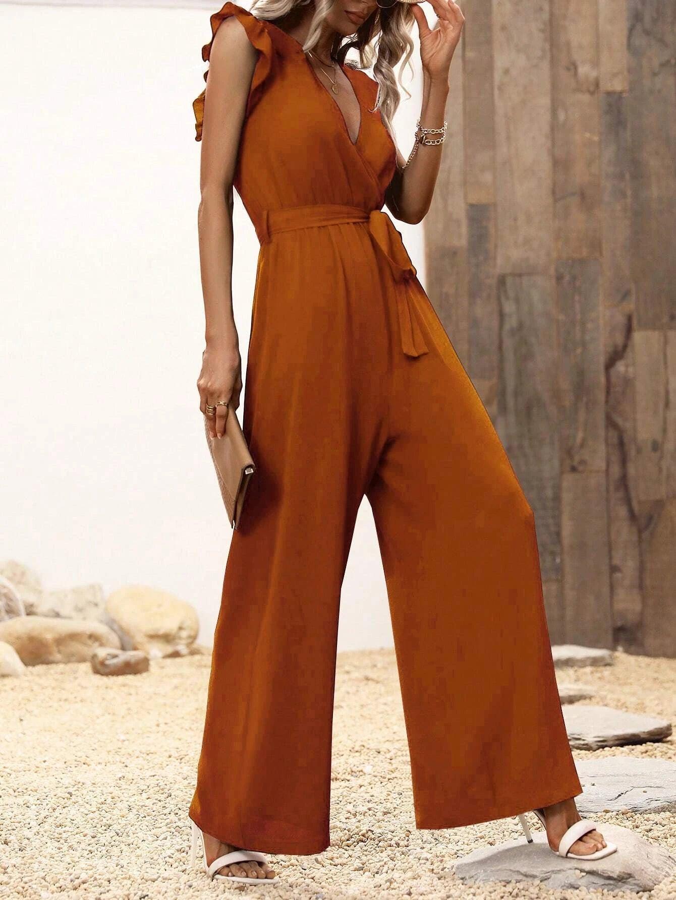 Ruffle Trim Belted Jumpsuit-Comfy Jumpsuits