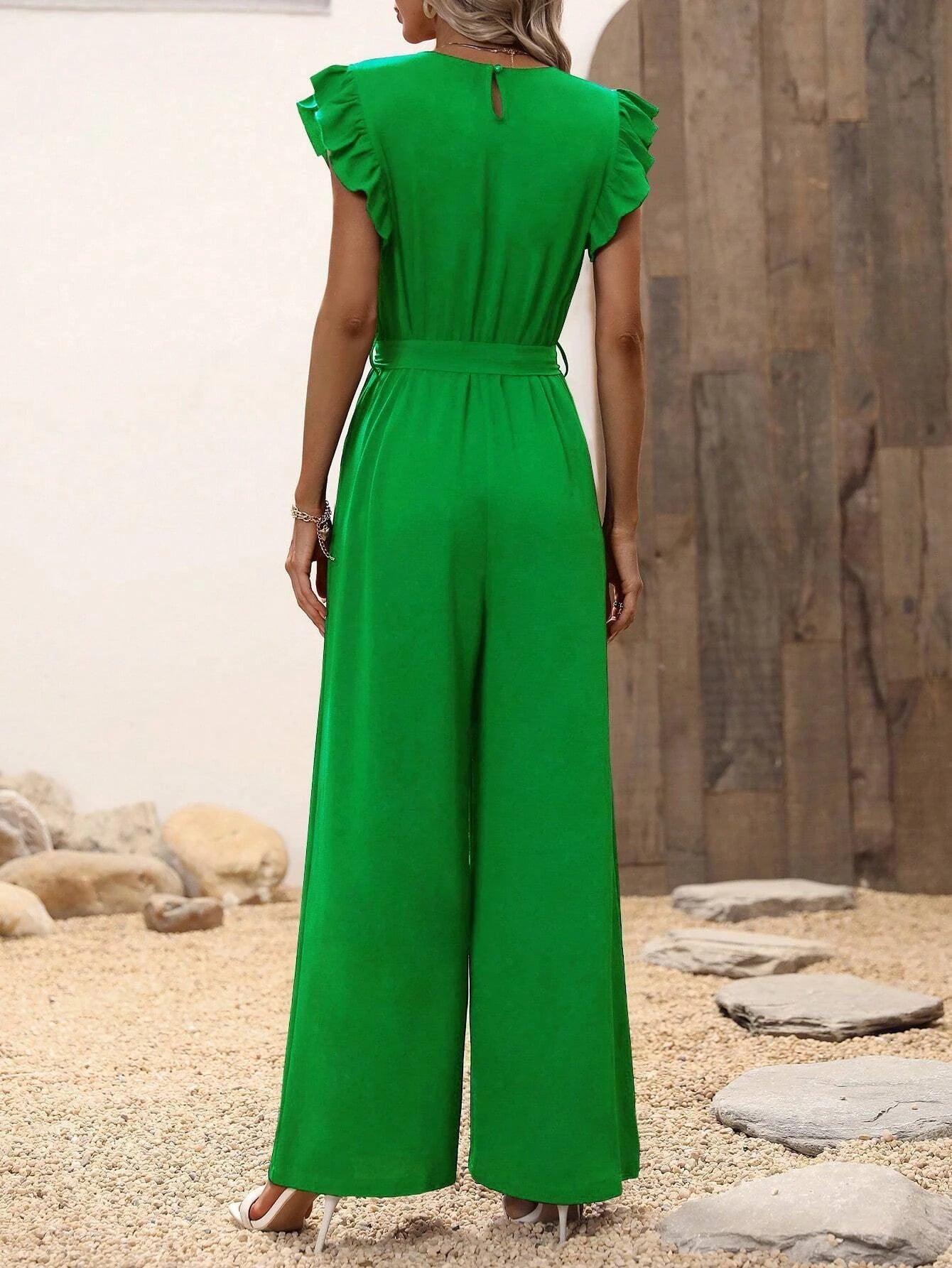 Ruffle Trim Belted Jumpsuit-Comfy Jumpsuits