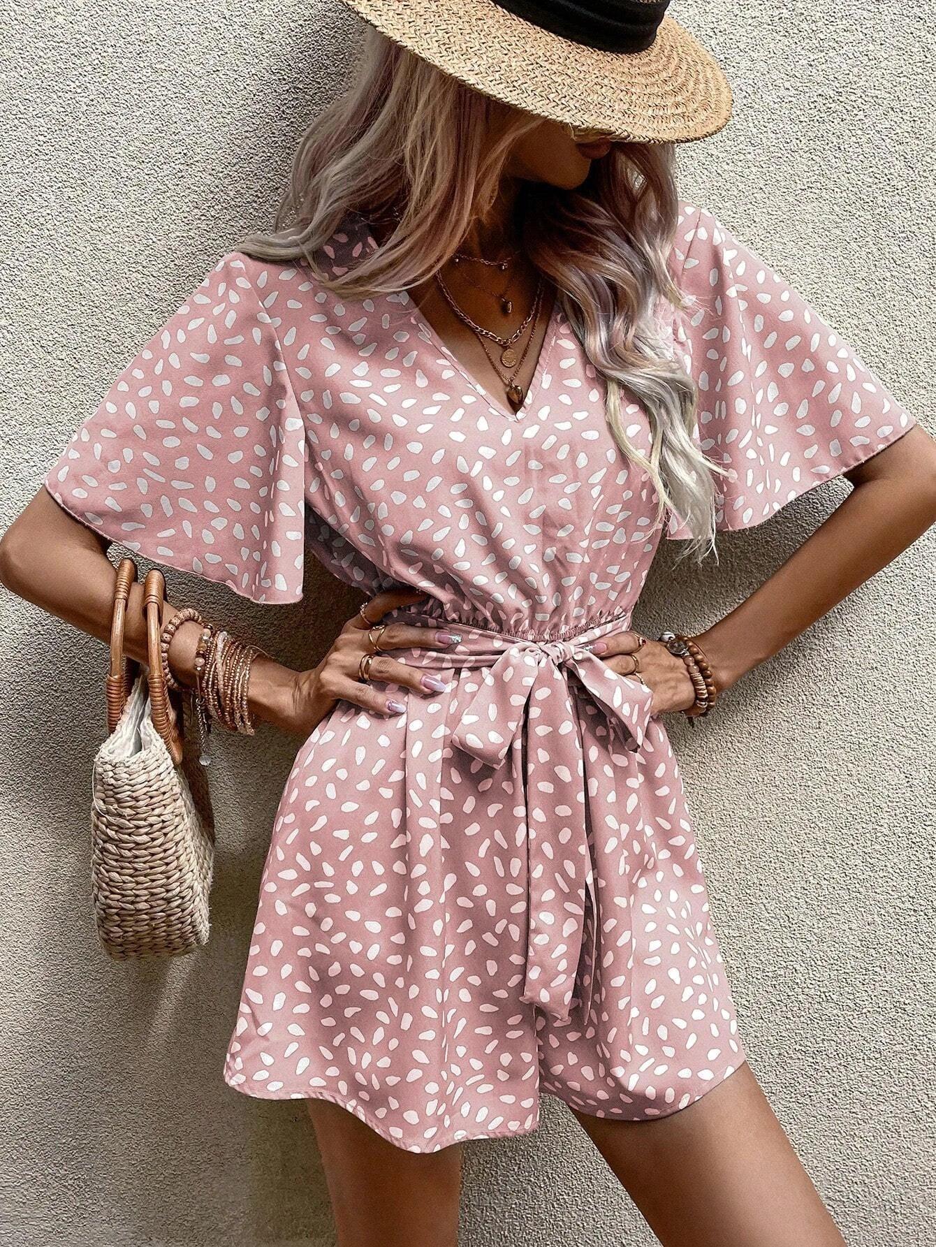 Allover Print Butterfly Sleeve Belted Romper-Comfy Jumpsuits