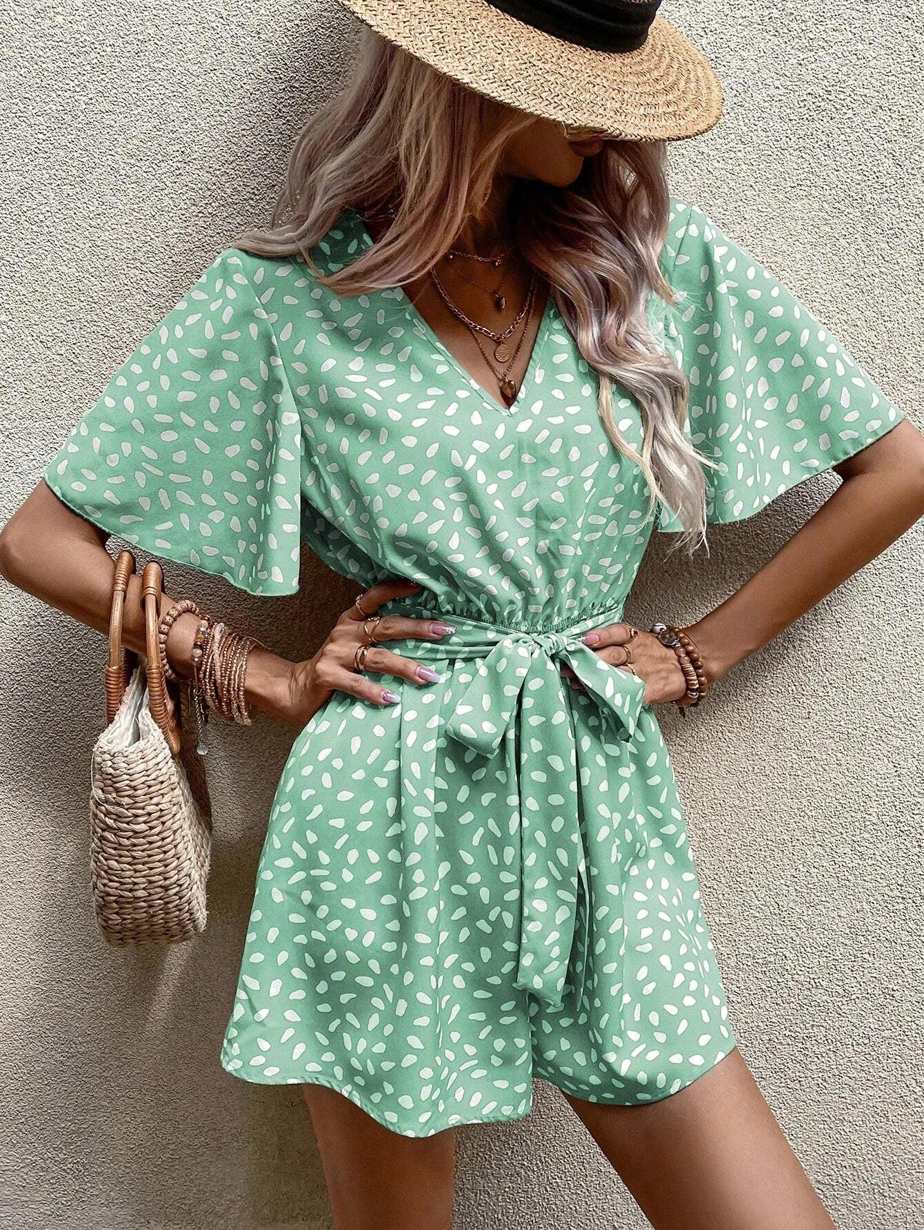 Allover Print Butterfly Sleeve Belted Romper-Comfy Jumpsuits