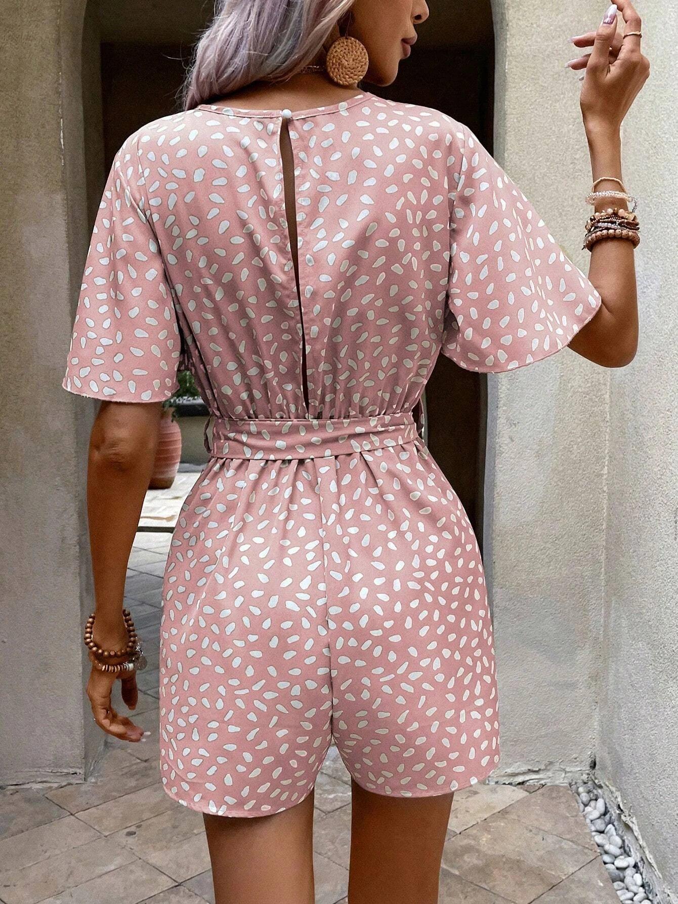 Allover Print Butterfly Sleeve Belted Romper-Comfy Jumpsuits