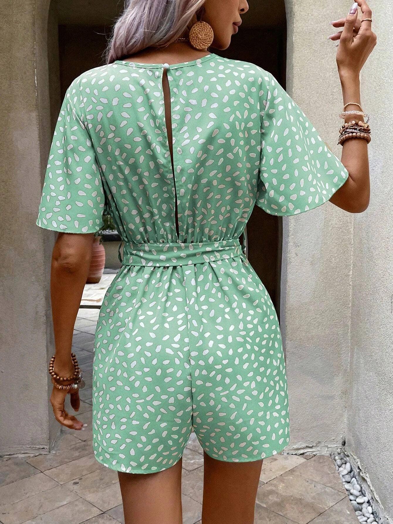Allover Print Butterfly Sleeve Belted Romper-Comfy Jumpsuits