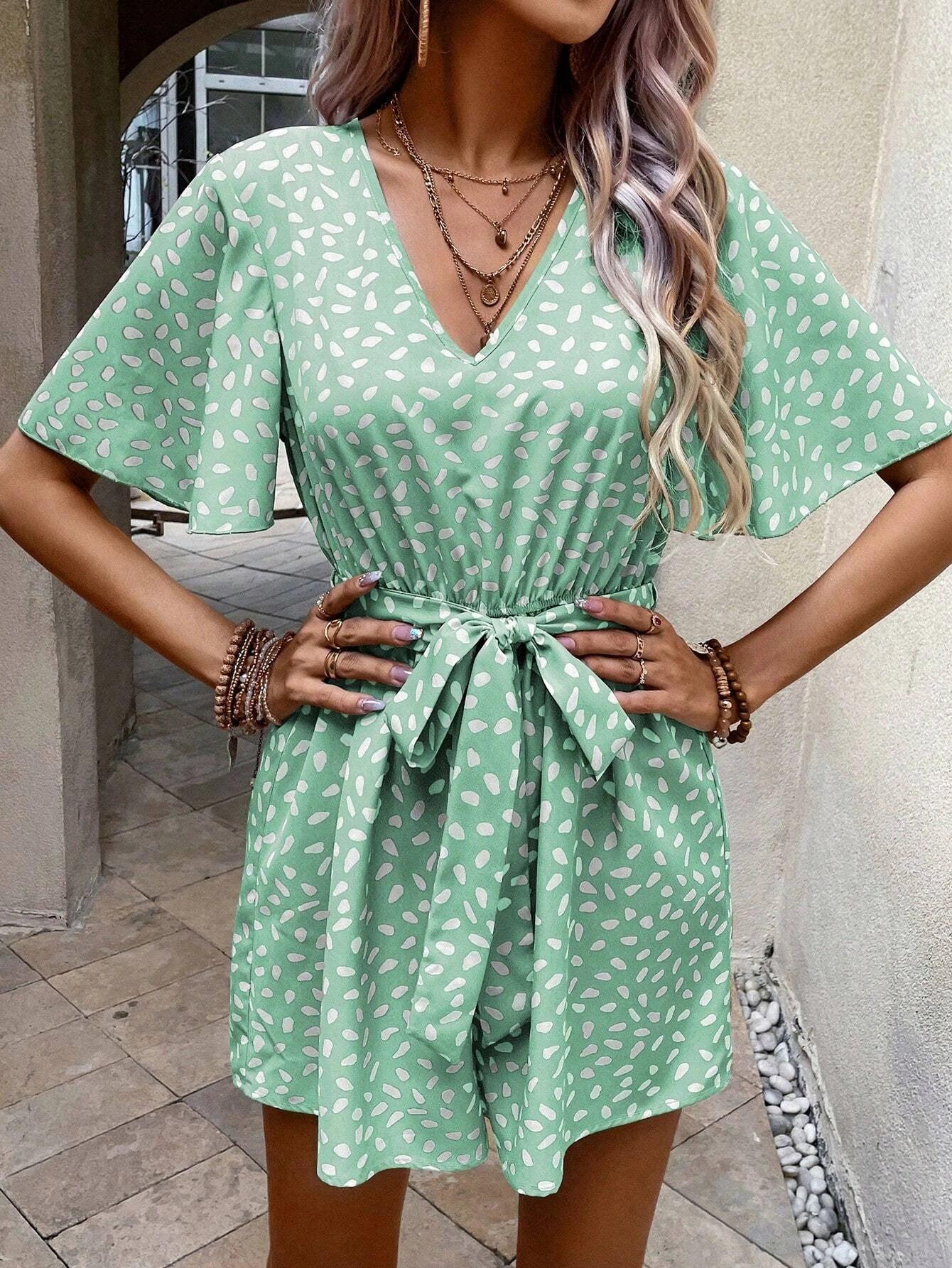 Allover Print Butterfly Sleeve Belted Romper-Comfy Jumpsuits