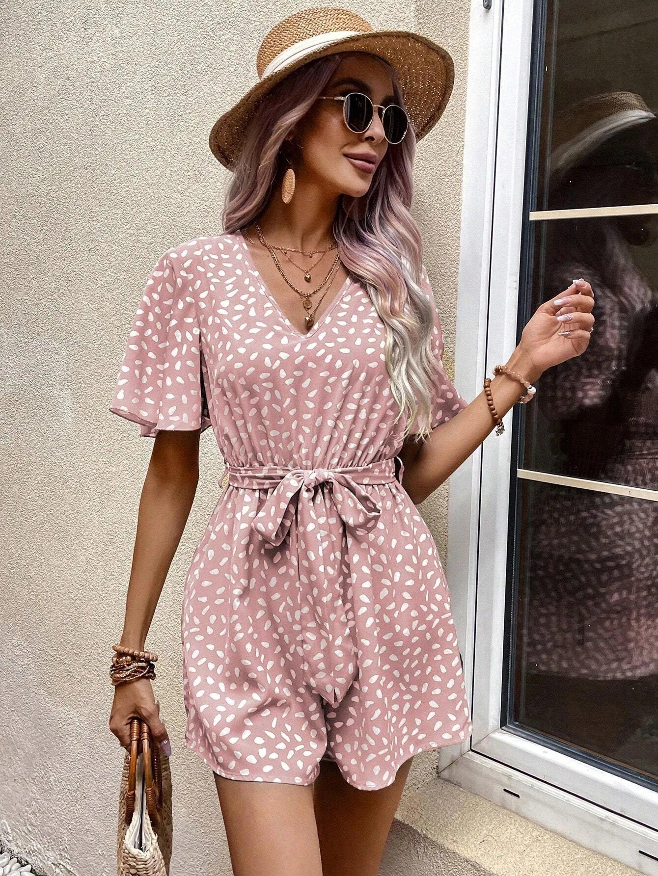 Allover Print Butterfly Sleeve Belted Romper-Comfy Jumpsuits