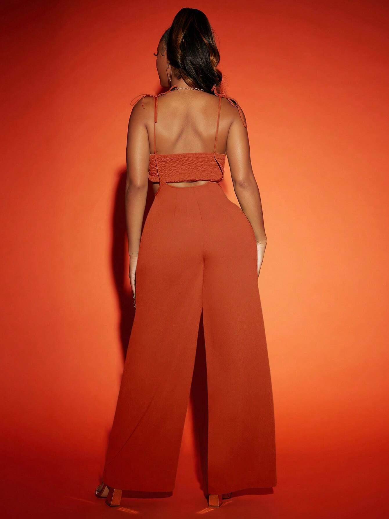 Cut Out Shirred Back Tie Shoulder Cami-Comfy Jumpsuits