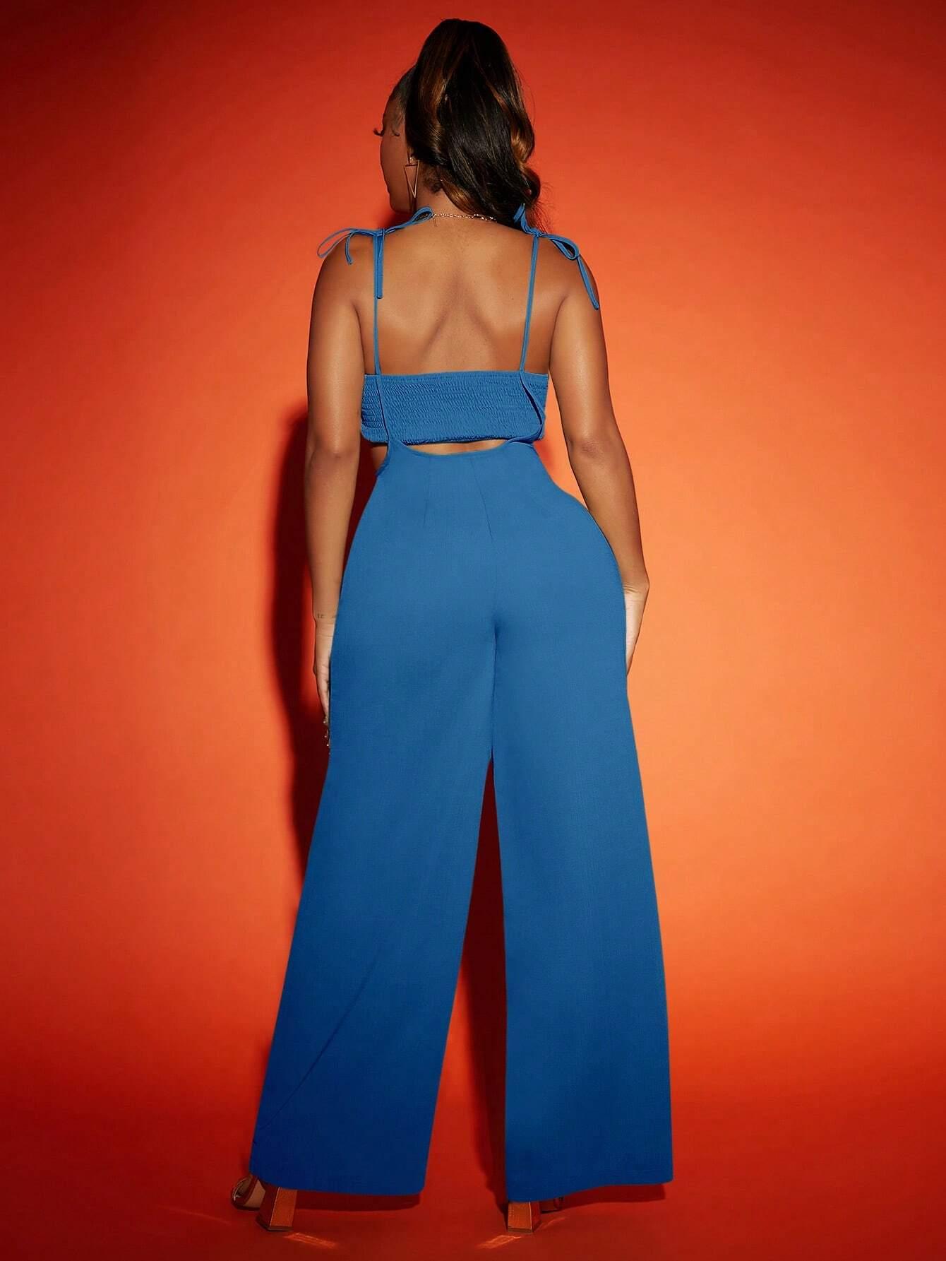 Cut Out Shirred Back Tie Shoulder Cami-Comfy Jumpsuits