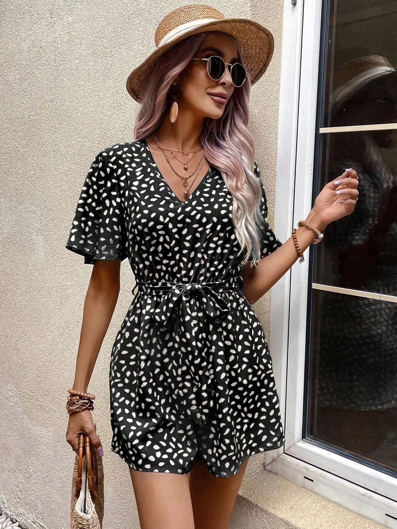 Allover Print Butterfly Sleeve Belted Romper-Comfy Jumpsuits