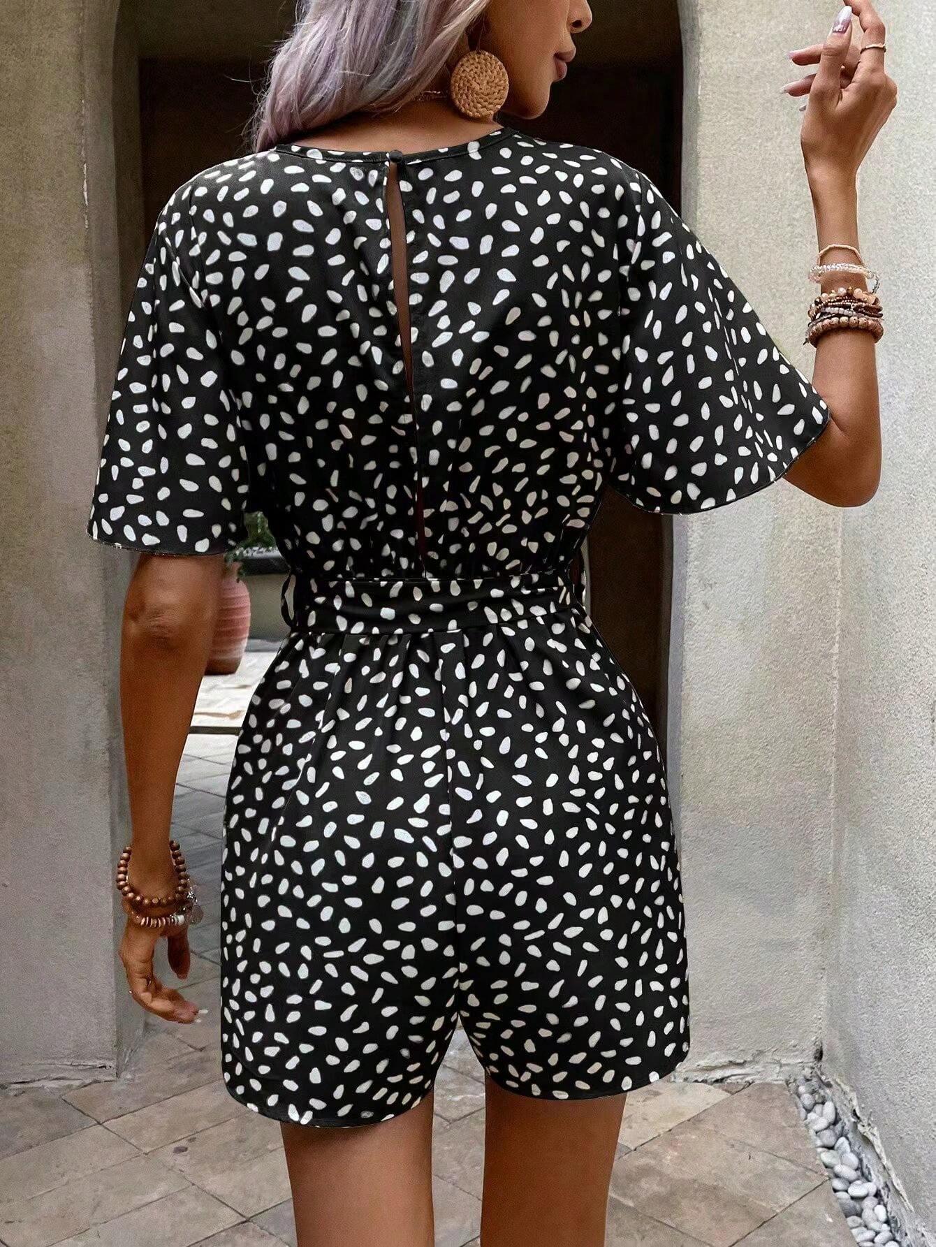 Allover Print Butterfly Sleeve Belted Romper-Comfy Jumpsuits