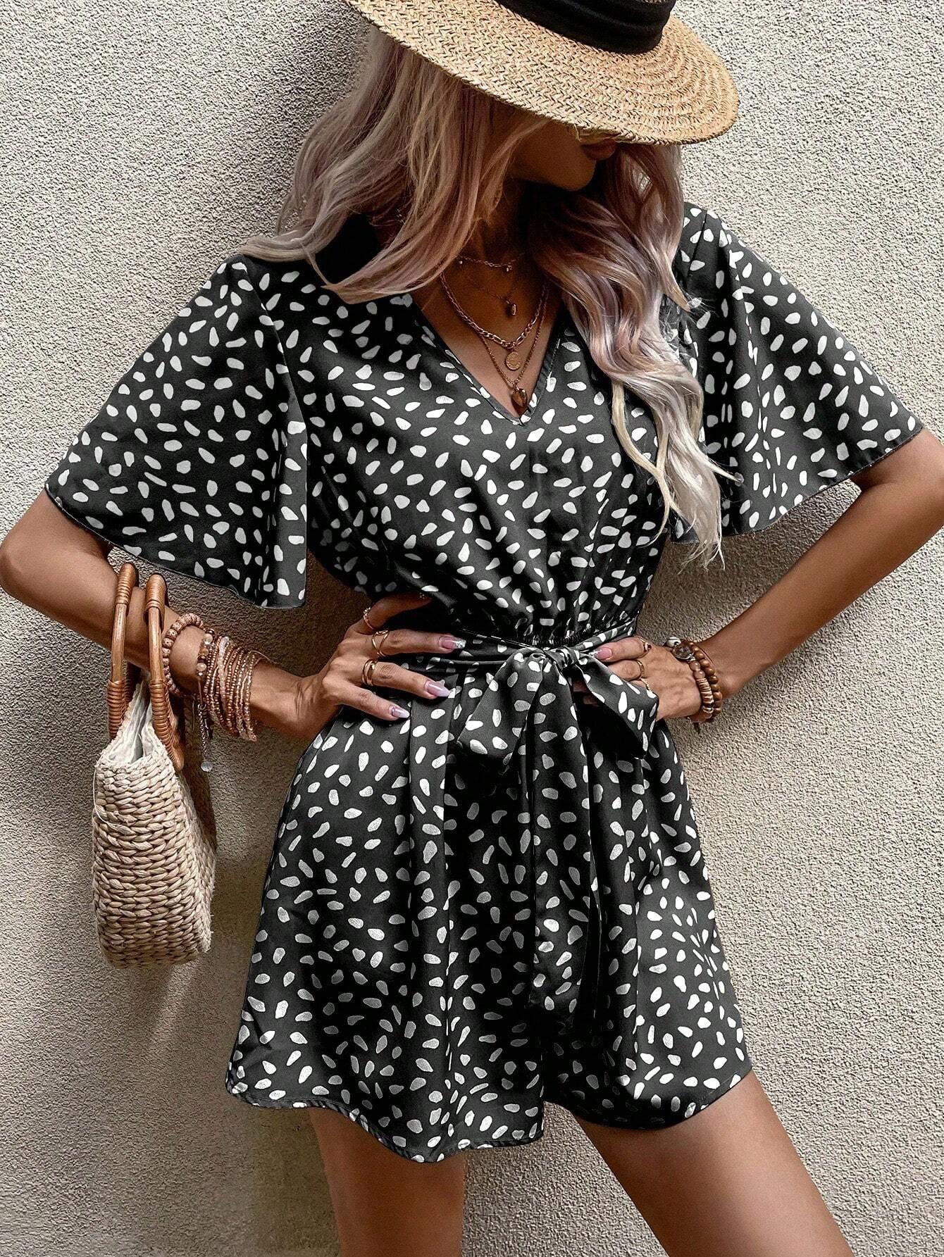 Allover Print Butterfly Sleeve Belted Romper-Comfy Jumpsuits