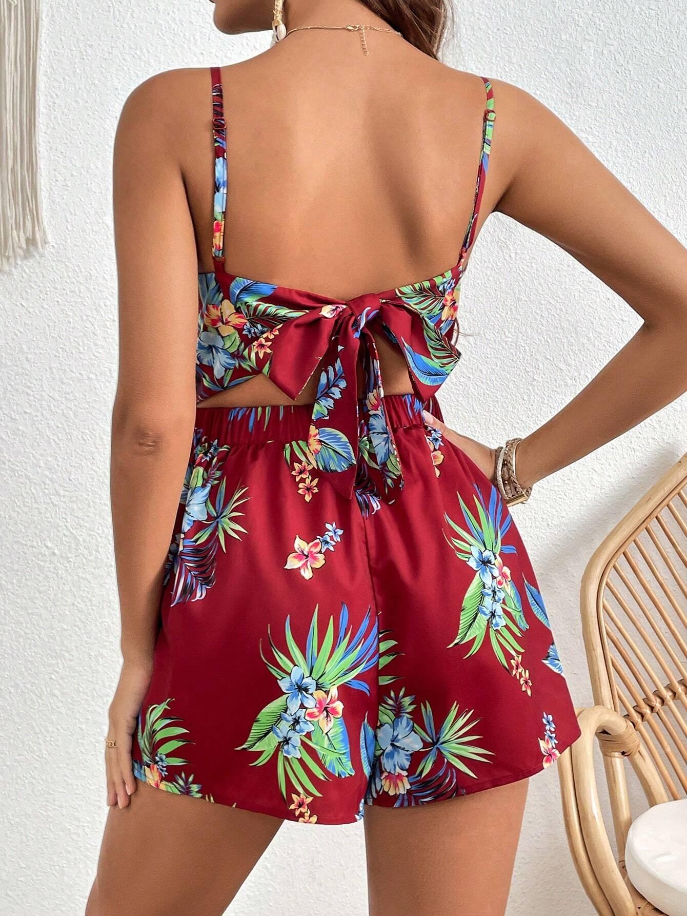 Tropical Print Twist Front Tie Romper-Comfy Jumpsuits